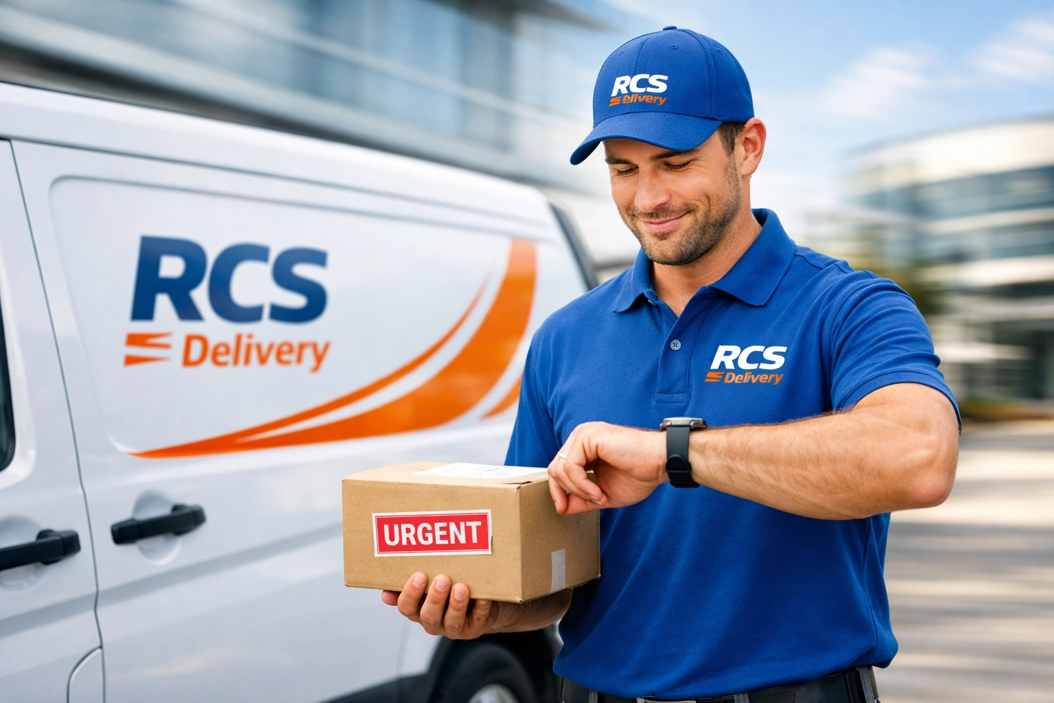 Same day courier service professional delivering urgent package with delivery van