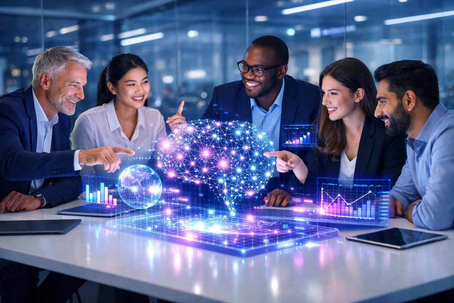 Teamarbeit mit KI: Experten nutzen innovative Technologie und Datenanalysen für den Wettbewerbsvorteil.