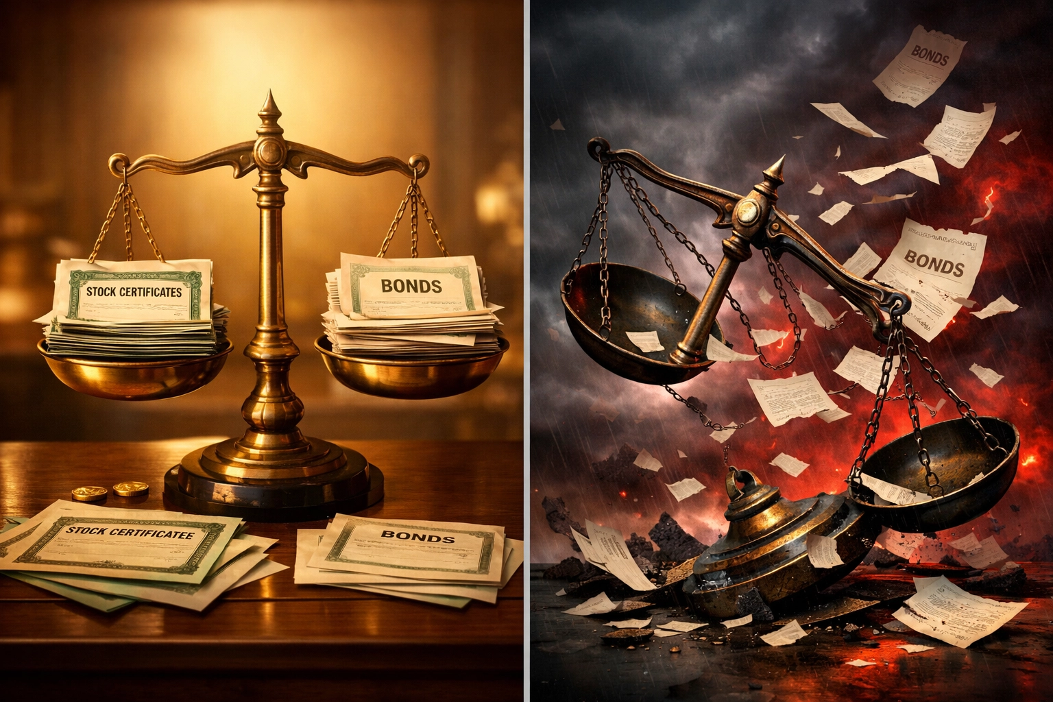 60/40 portfolio correlation breakdown during inflation showing balanced versus failed allocation