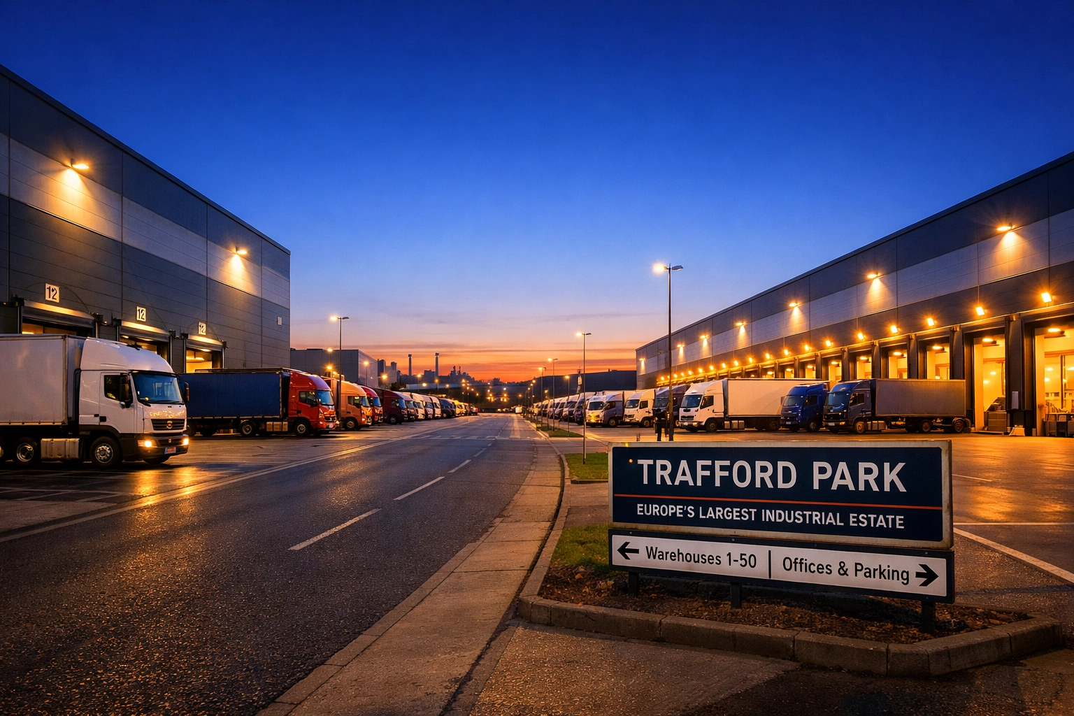 Trafford Park industrial estate warehouses with loading bays at dusk in Manchester