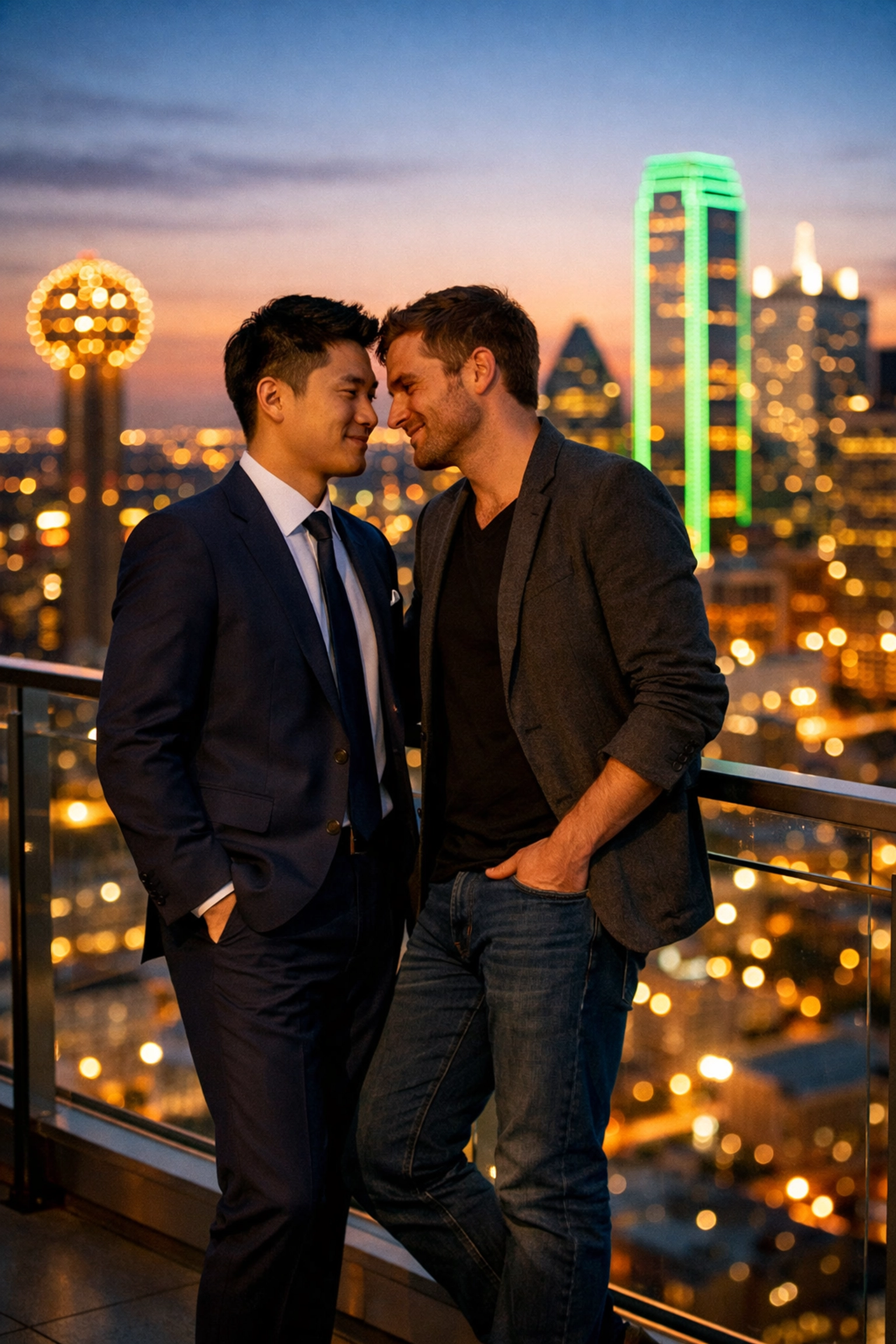 Two gay men sharing romantic moment on Dallas skyscraper balcony overlooking city lights