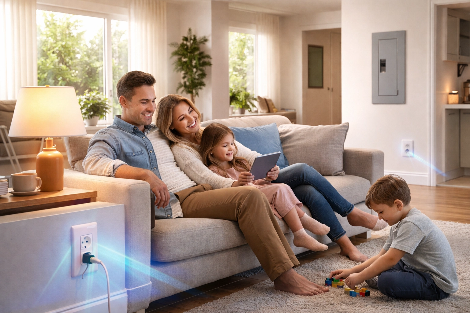 Family enjoying peace of mind in a smart home protected by whole house surge protection system