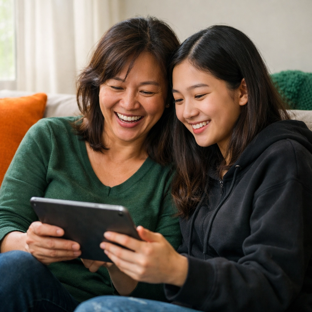 Mother and daughter learning life skills together on sofa in supportive relationship