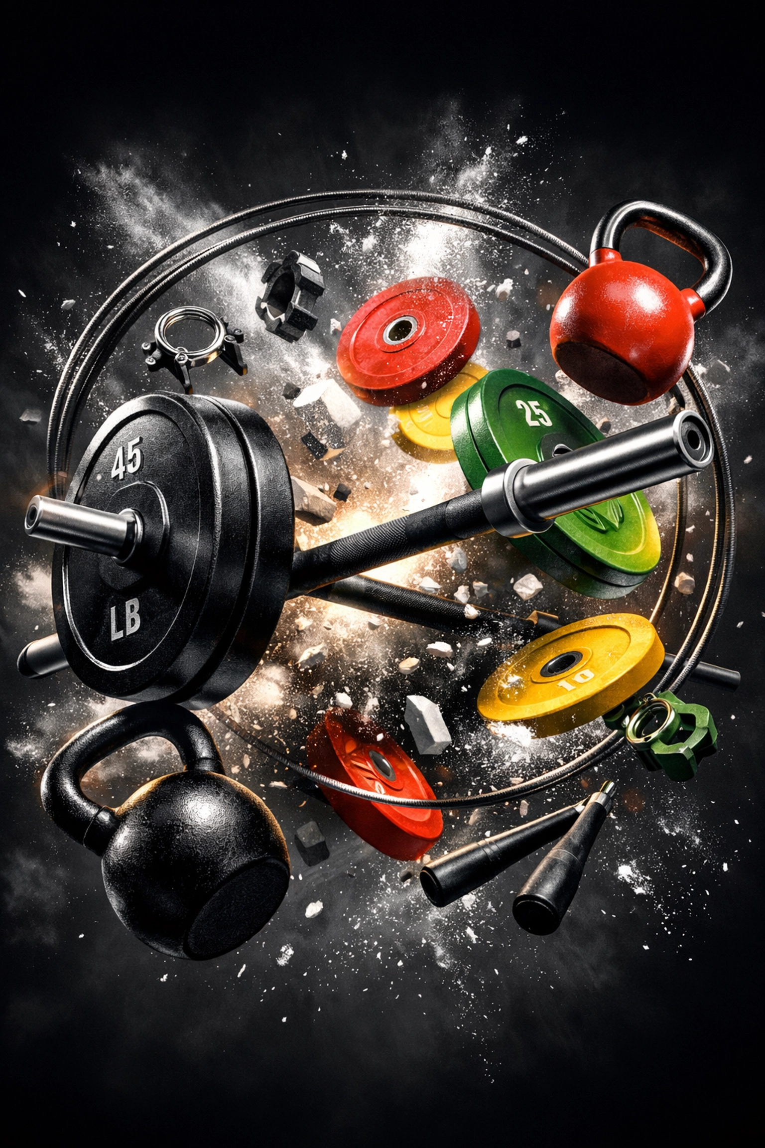 Essential CrossFit home gym equipment including Olympic barbell, bumper plates, and kettlebells