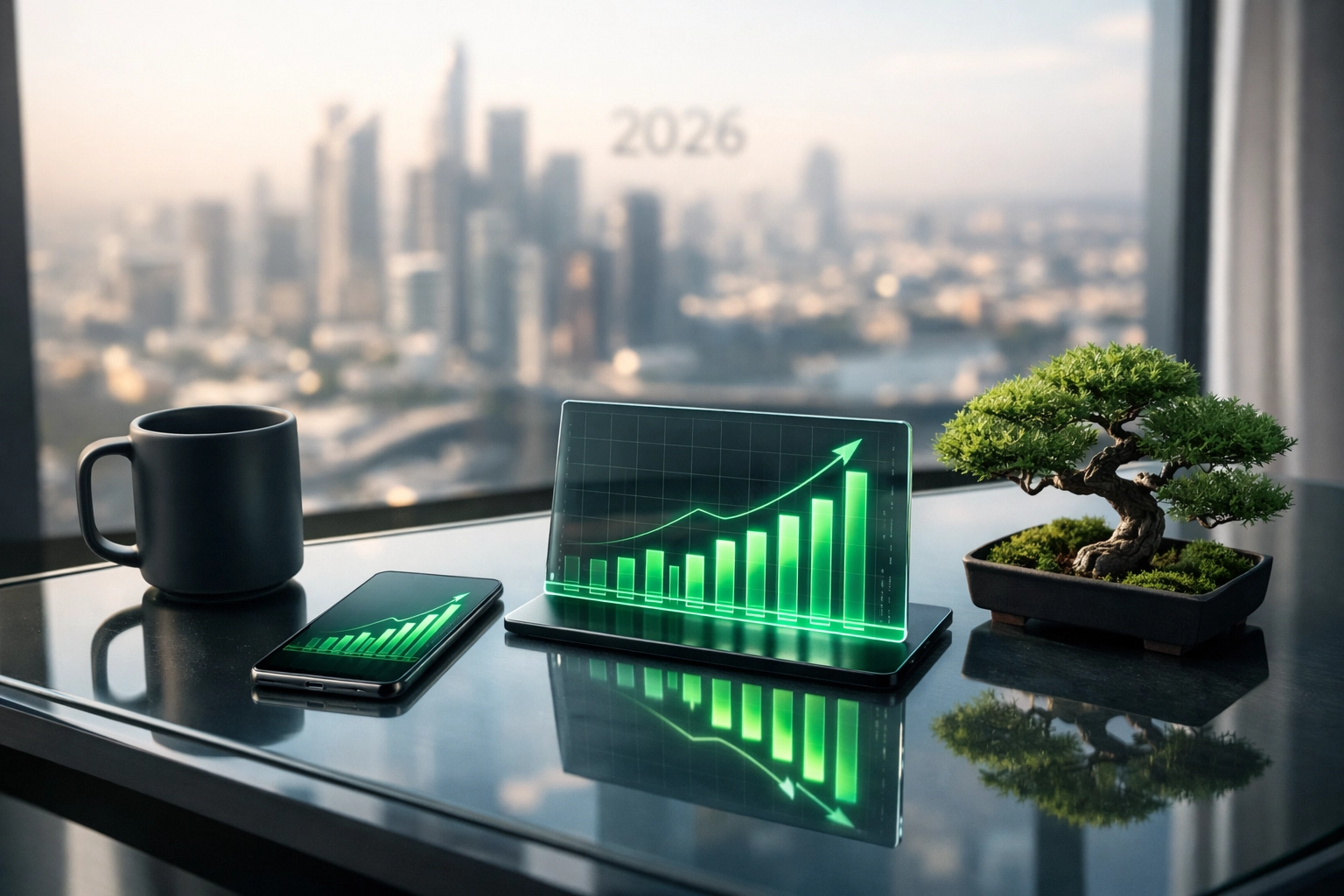 Smartphone and tablet displaying rising financial growth charts for Treasury Bills and savings accounts.