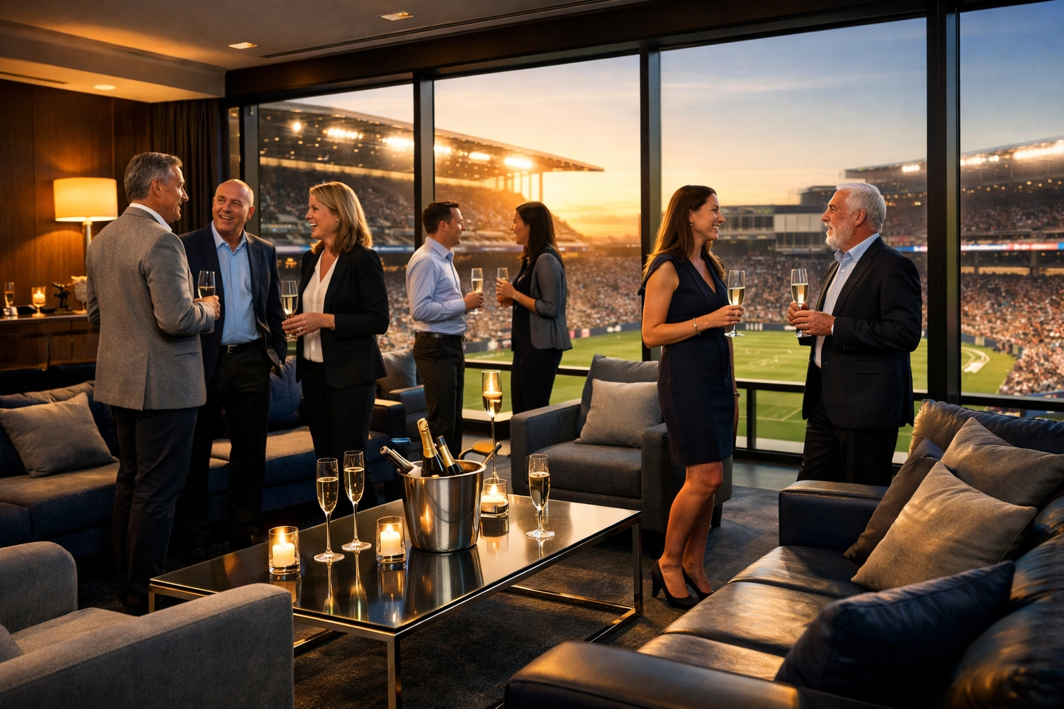 Corporate executives networking in luxury Super Bowl hospitality suite overlooking stadium