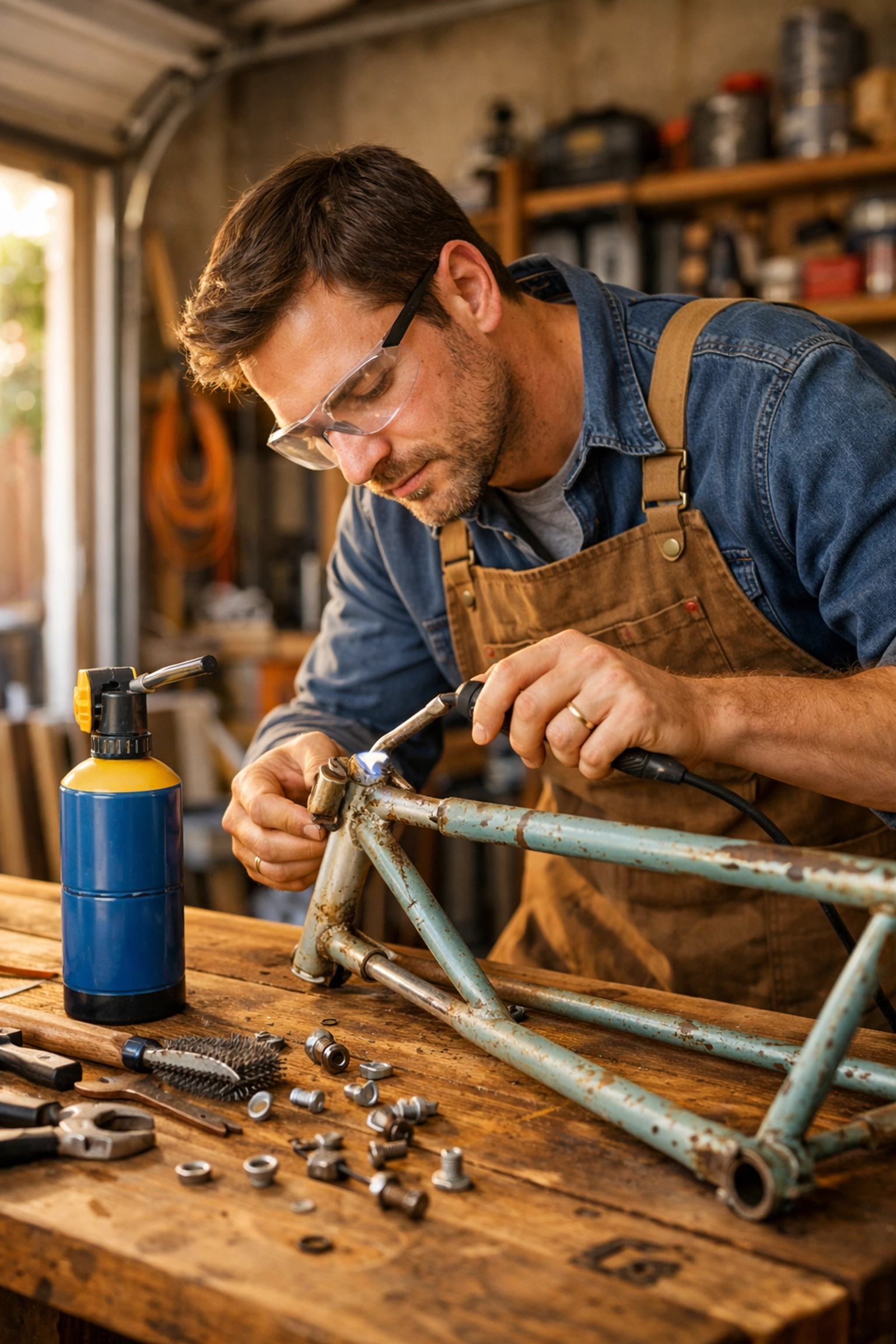 DIY enthusiast using a portable disposable gas canister for a small home garage bicycle repair project.