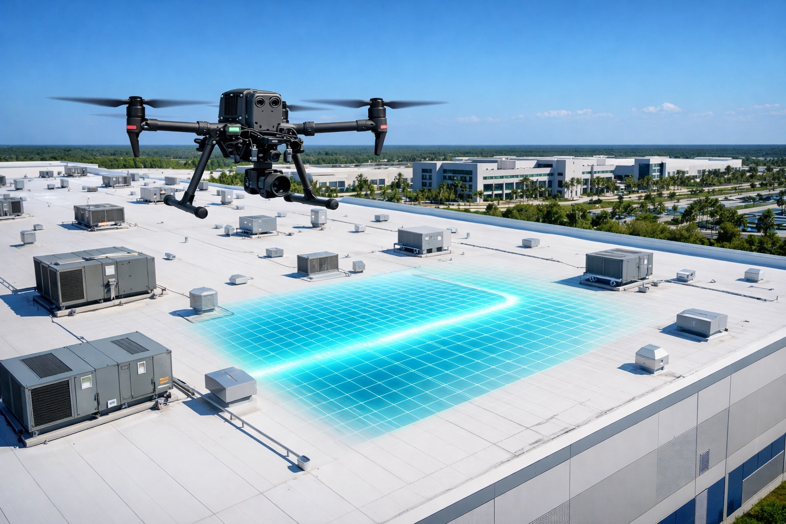 Thermal drone scan of a commercial warehouse roof in SWFL for proactive facility maintenance and leak detection.
