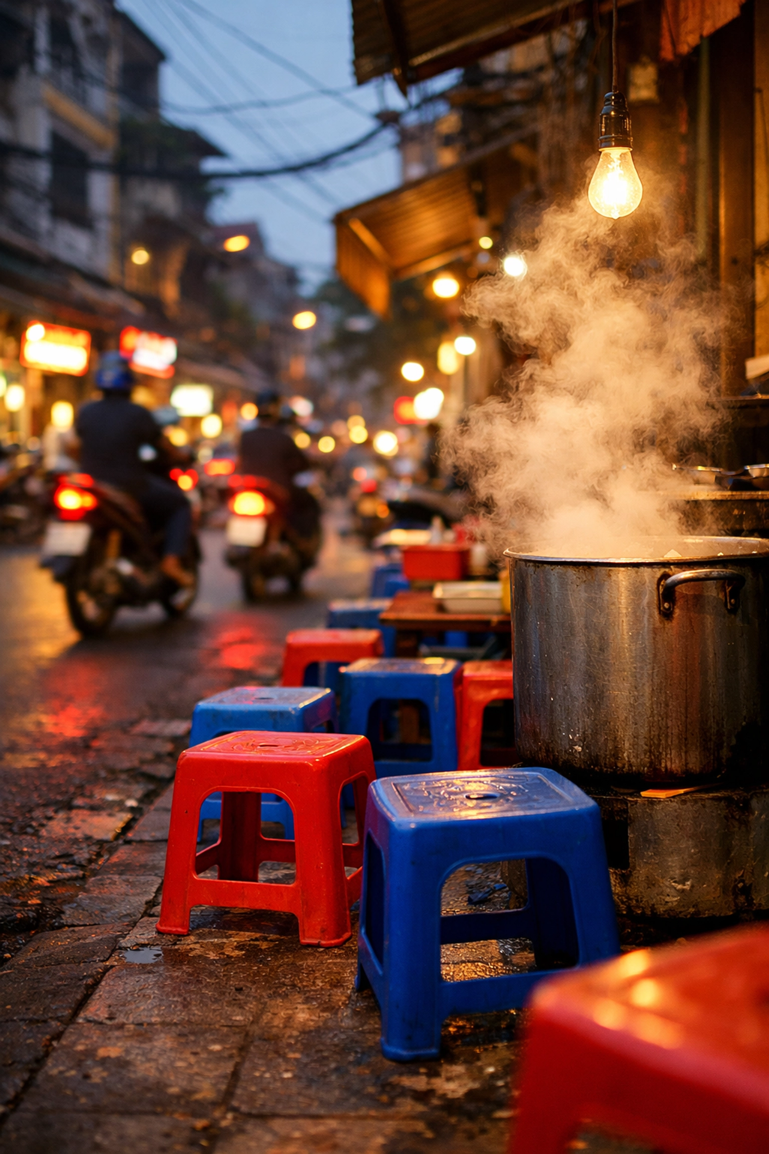 Plastic stools on a Hanoi sidewalk at dusk, capturing the authentic spirit of budget travel food culture.