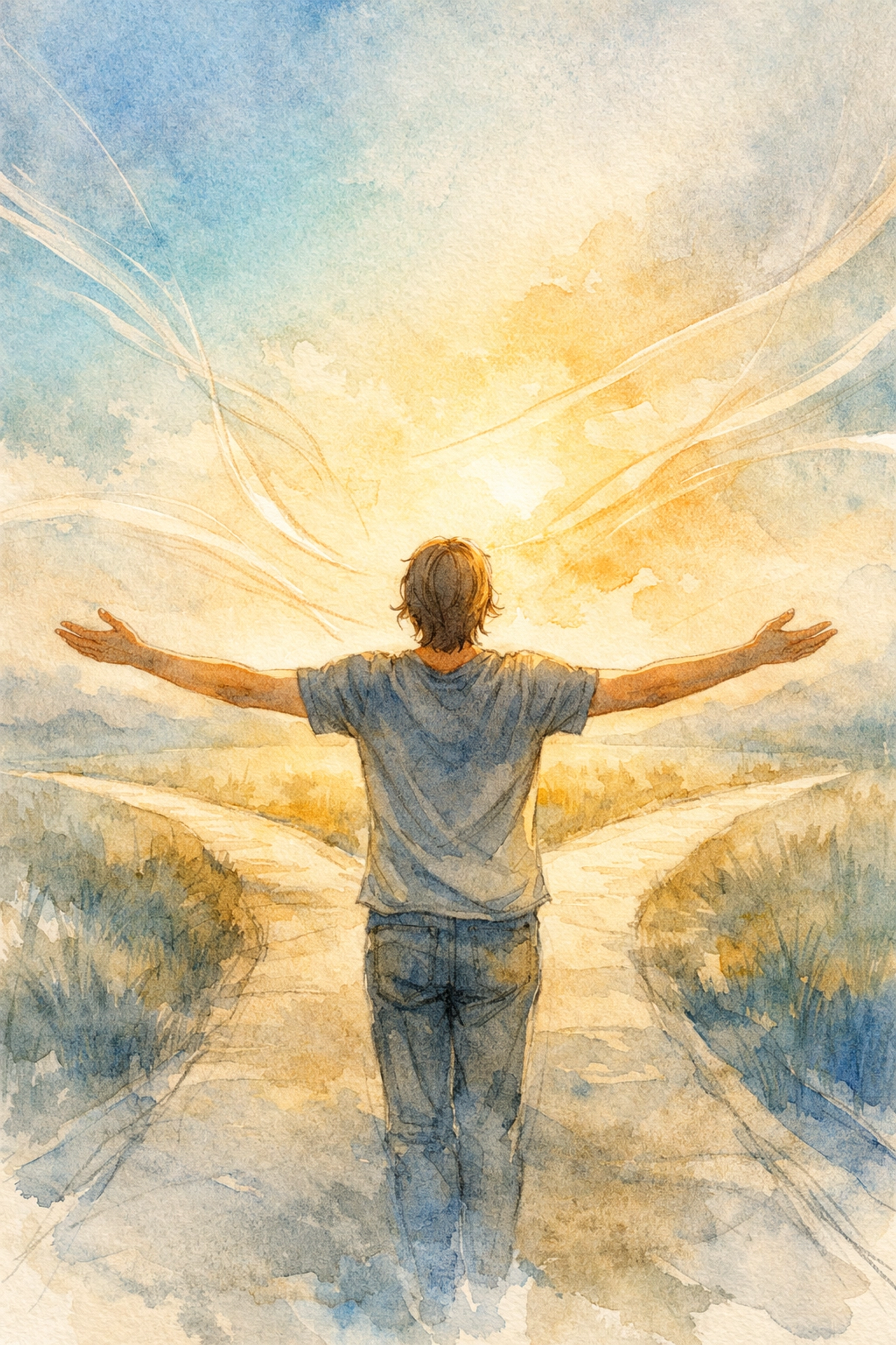 Person standing with arms open in surrender representing freedom from performance and authentic faith