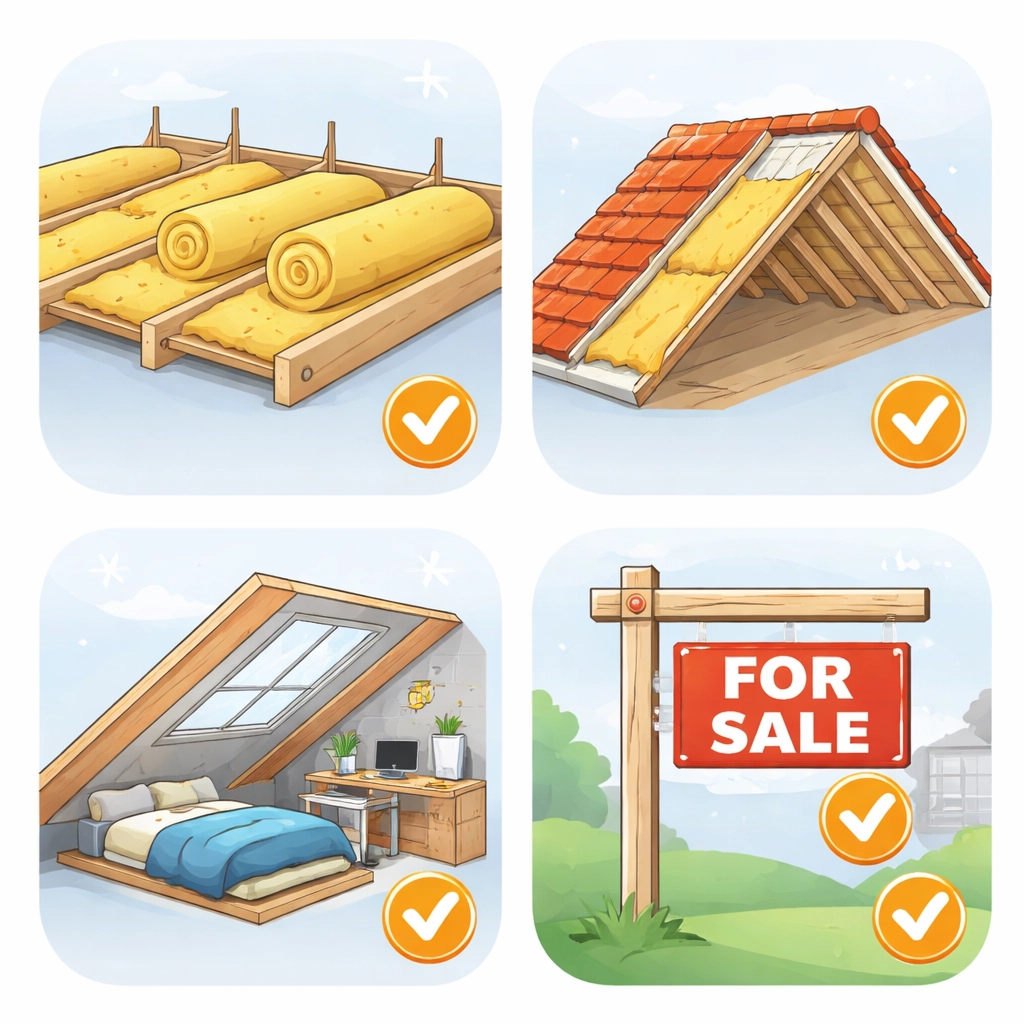 Four insulation scenarios showing loft floors, rafters, attic conversion, and a home for sale in the UK