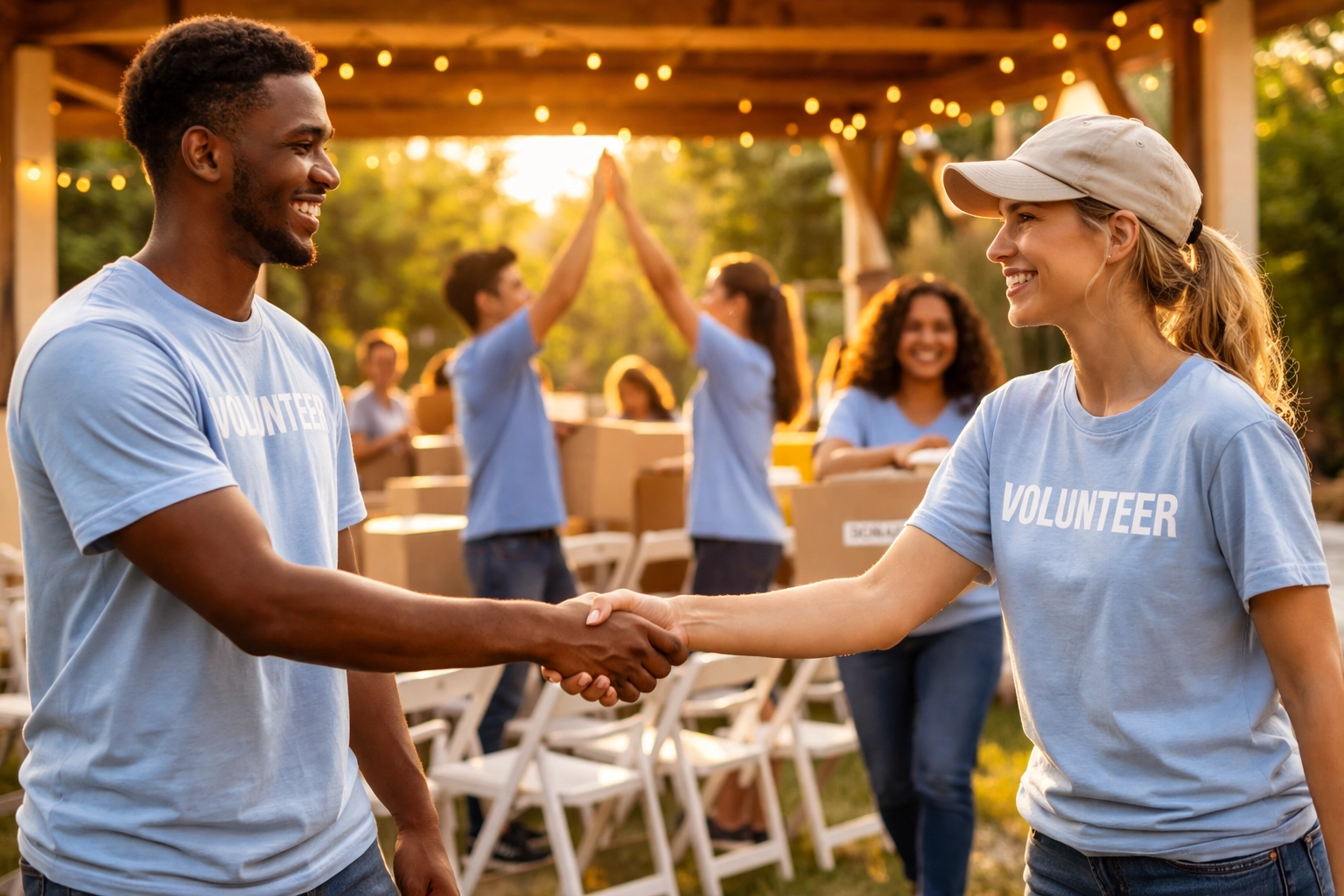 Volunteers from multiple nonprofits working together to set up a collaborative fundraising event