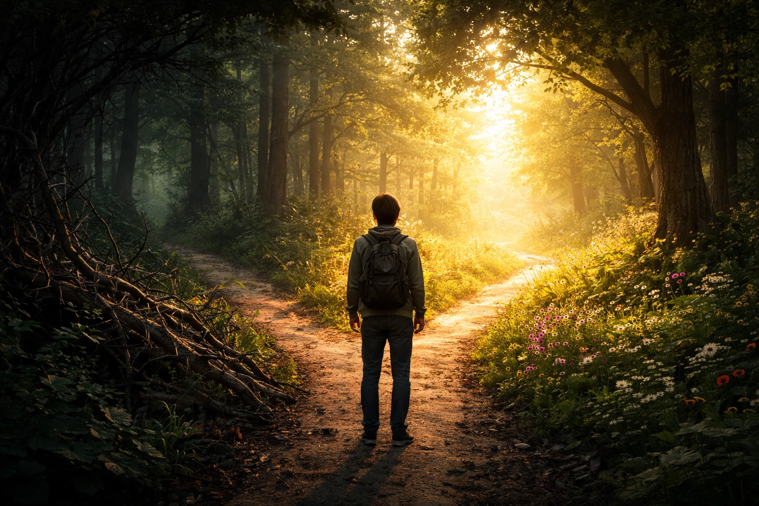 Individual at a sunlit crossroads in the forest chooses a hopeful path, overcoming anger and isolation.