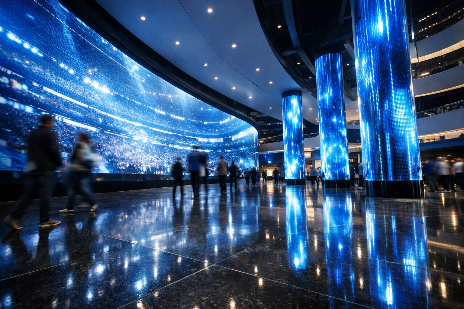 Futuristic arena concourse with digital signage highlighting sports industry technology and fan engagement trends.