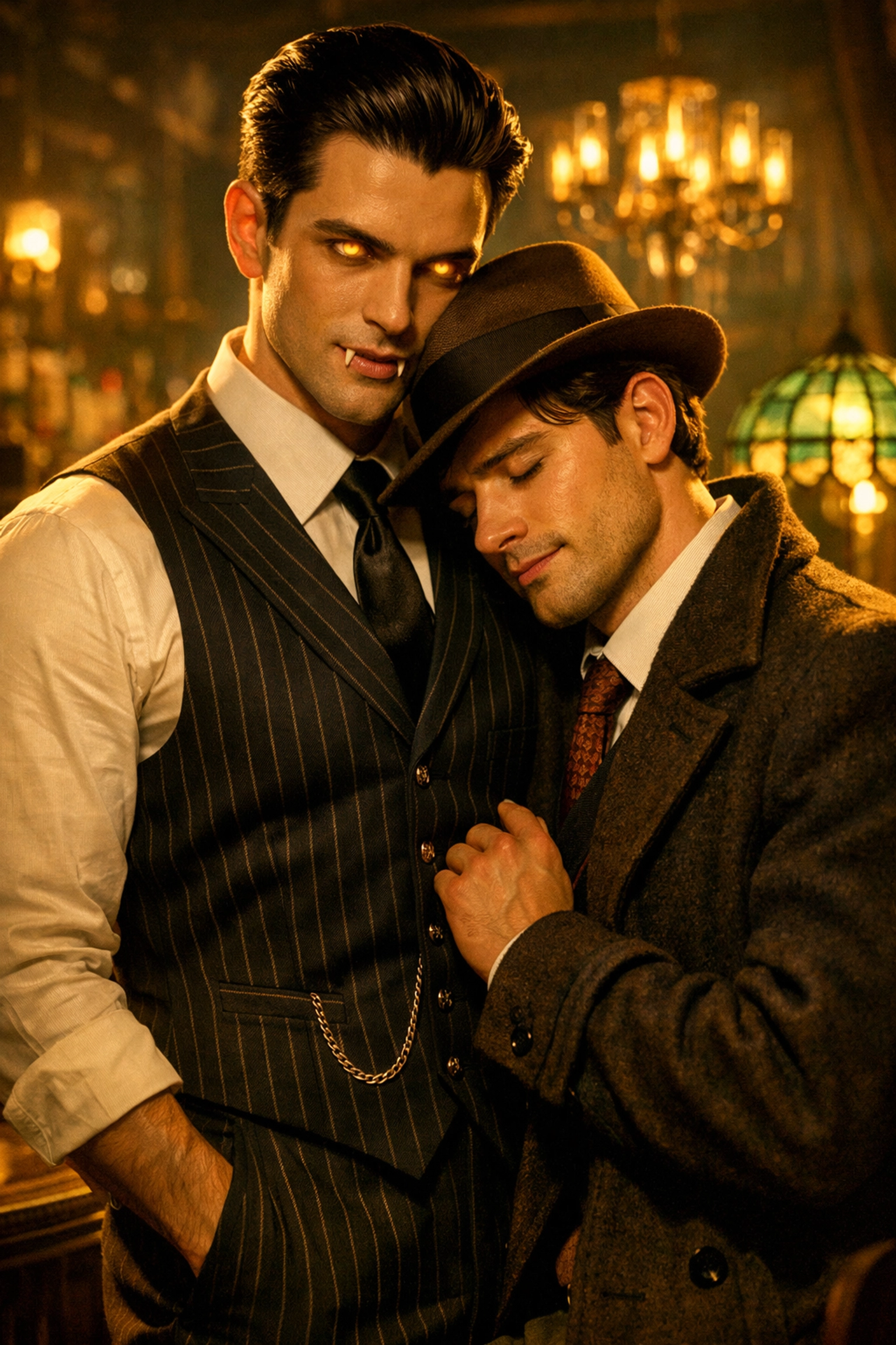 Two dapper men in a 1920s speakeasy, highlighting the historical MM shifter romance genre.