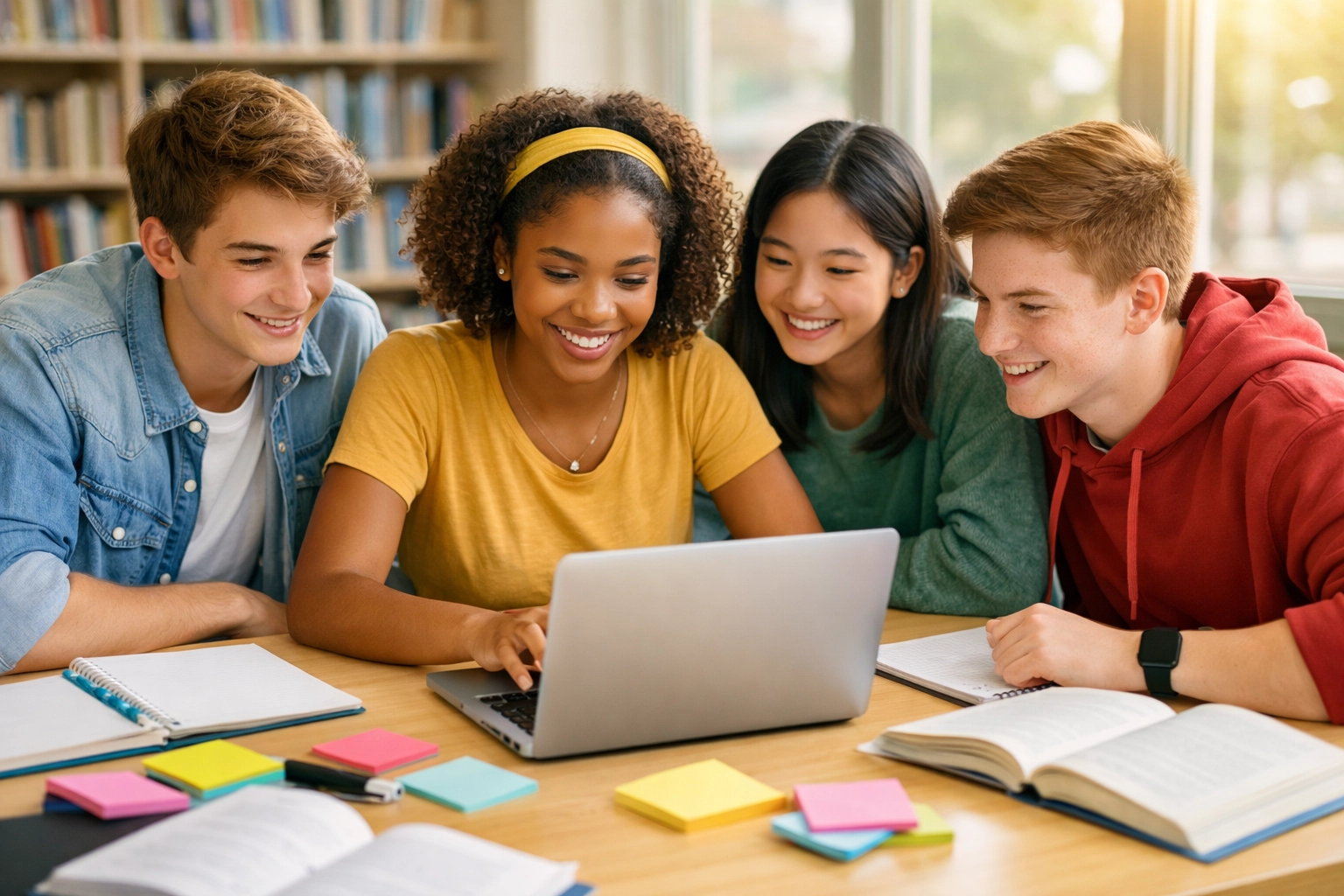 High school students collaborating with laptop and notebooks while studying together
