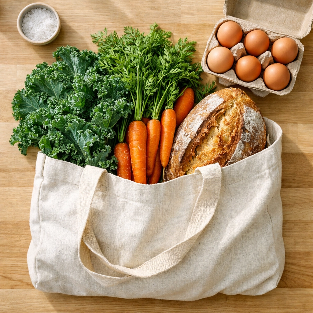 Top-down view of fresh groceries in a reusable bag, illustrating weekly meal planning to save money.