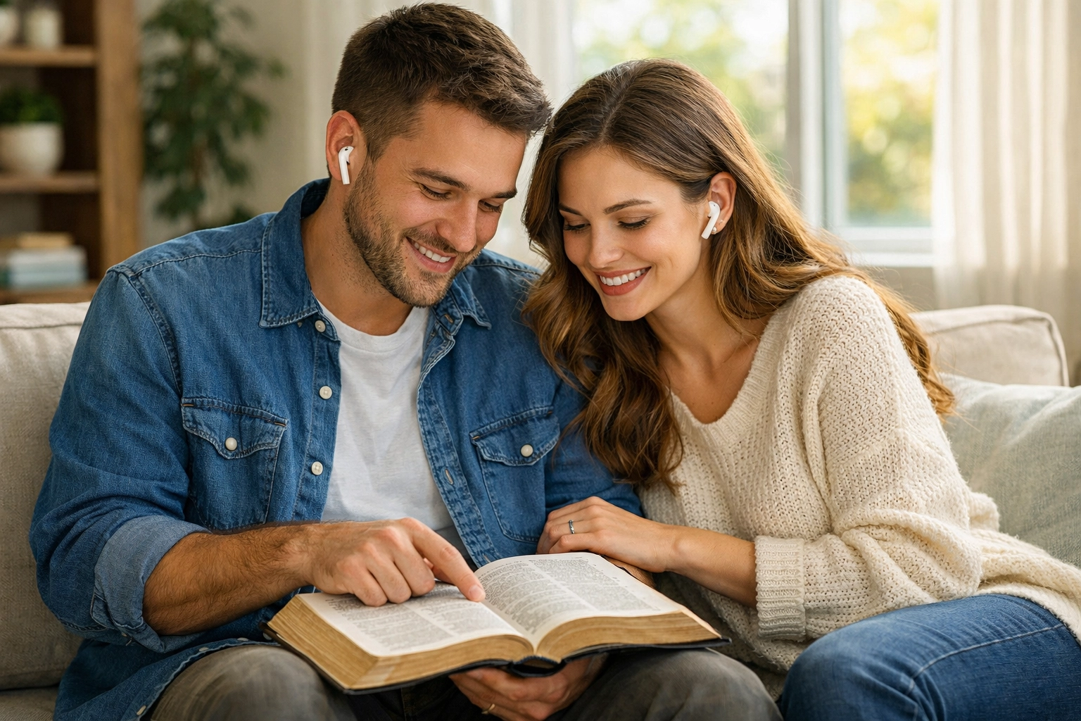 Couple sharing headphones for an online Bible study at home. FA Memphis.