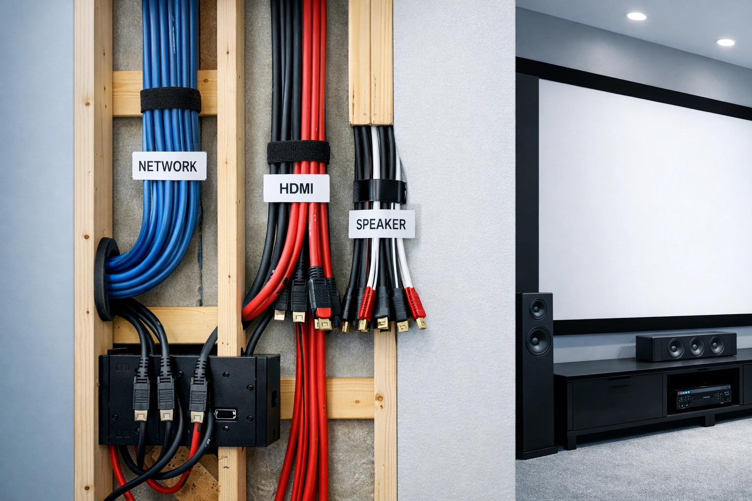 Professional structured cabling installation showing organized wires behind cinema room walls
