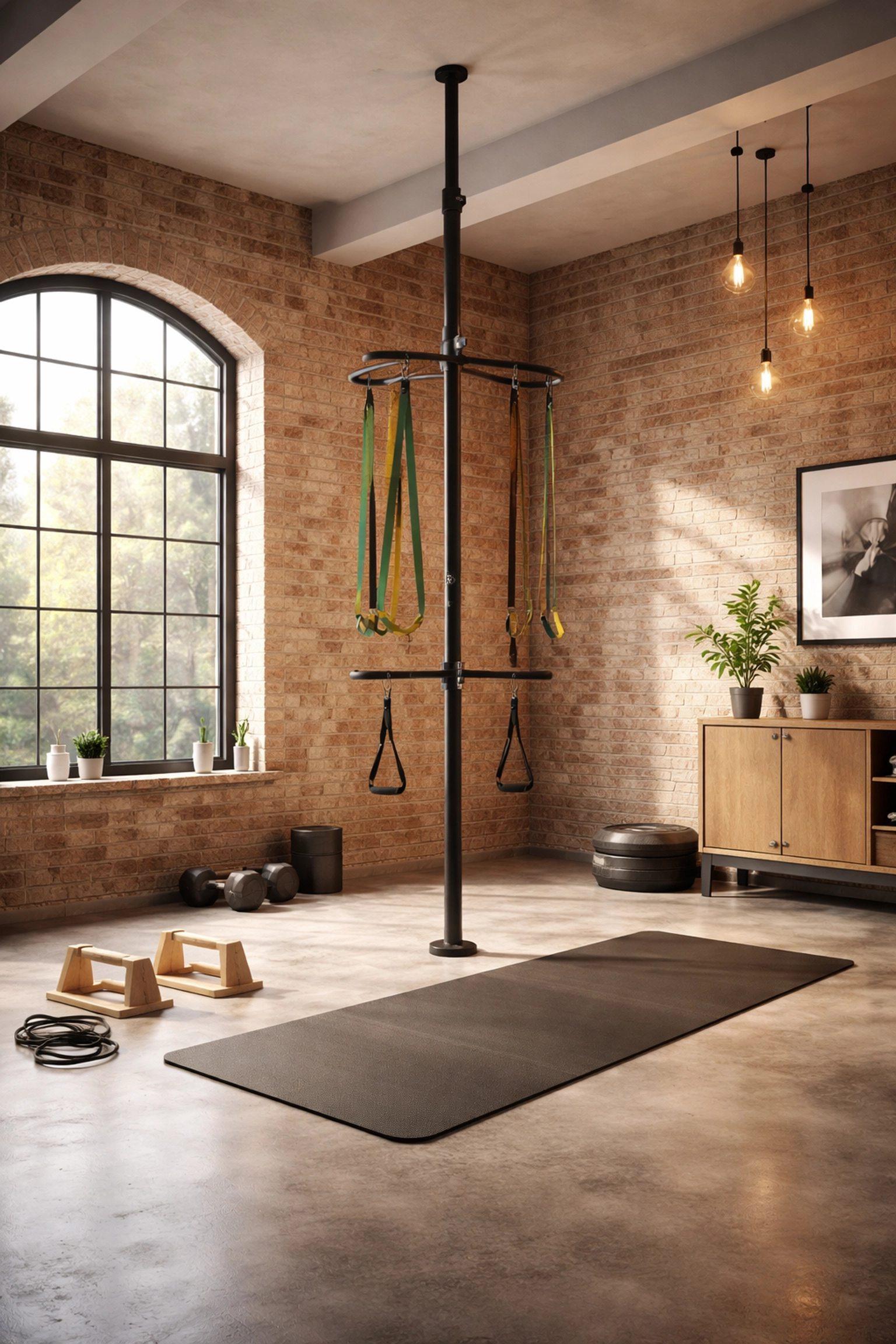 Modern home gym setup featuring floor-to-ceiling tension pole, resistance bands, yoga mat, and parallettes for no wall damage workouts.