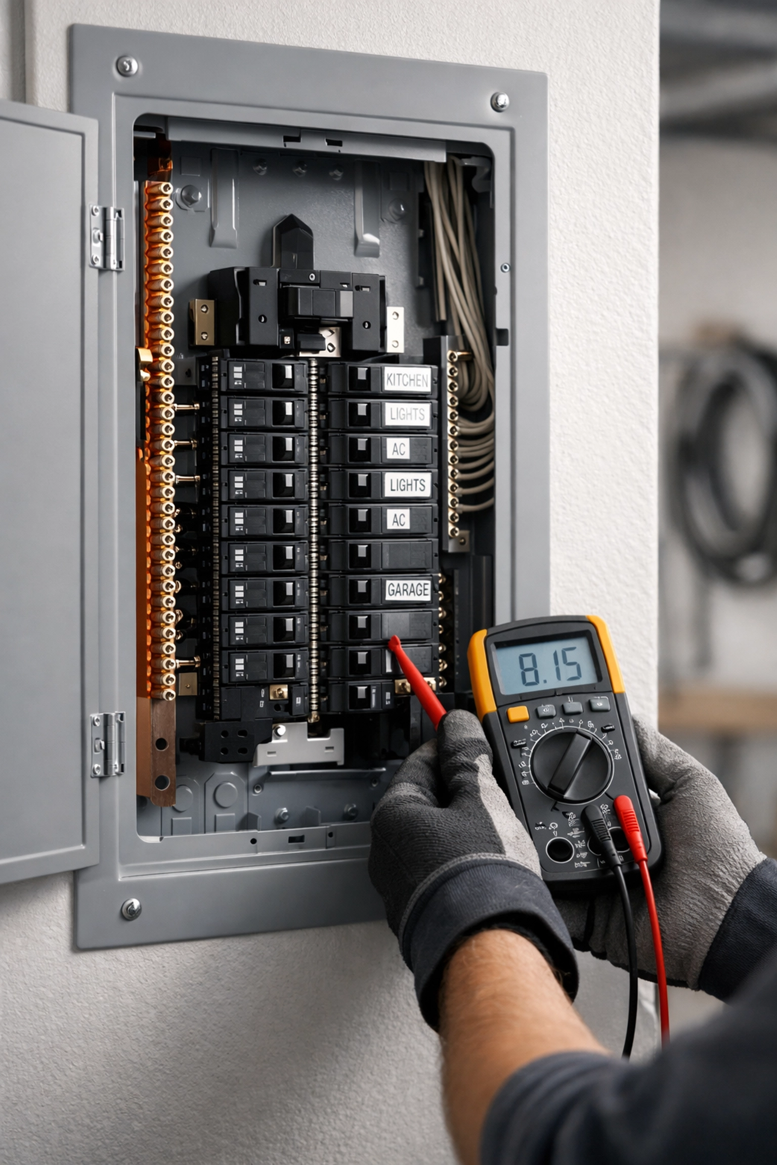 Electrician performing load calculation on residential electrical panel for EV charger installation