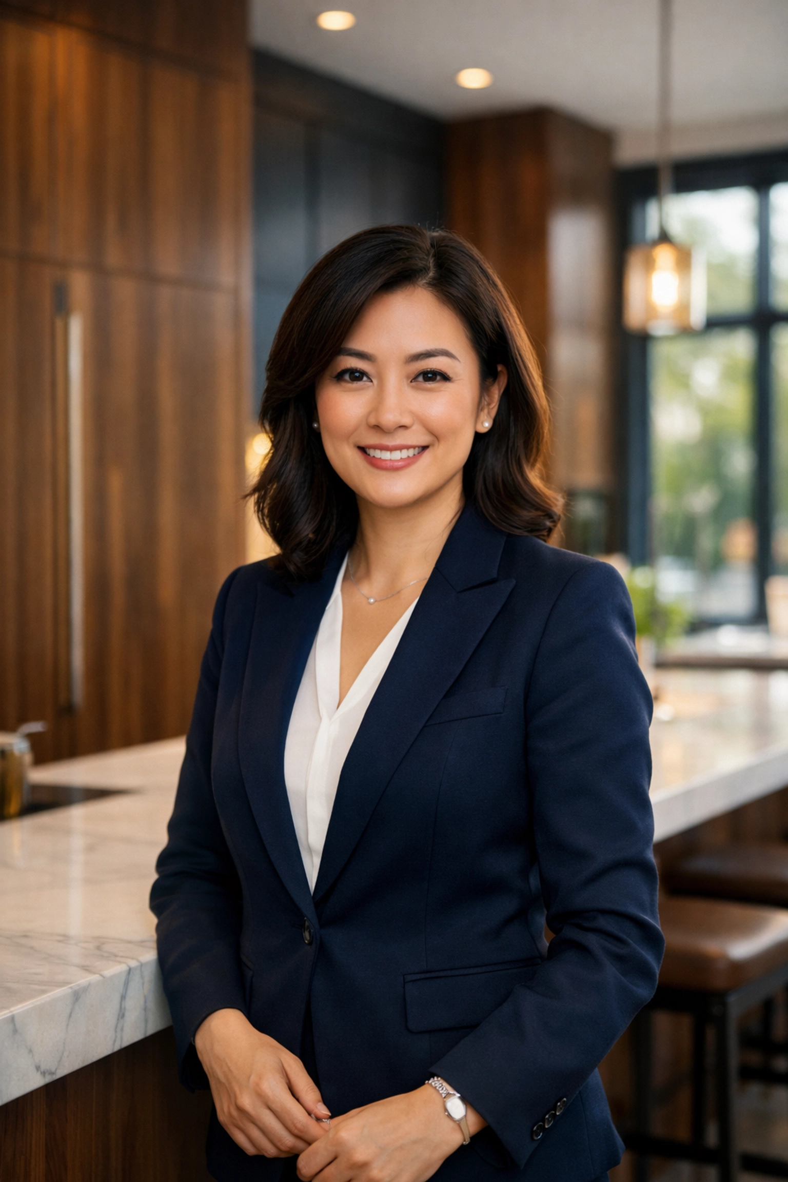 Cathy Dou, Broker of Record, in a luxury Ontario home kitchen discussing the 1.5M dollar mortgage cap.