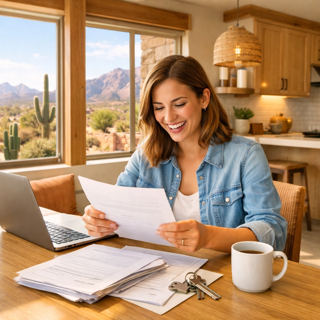 Arizona teacher reviewing home closing documents in new house with keys on table