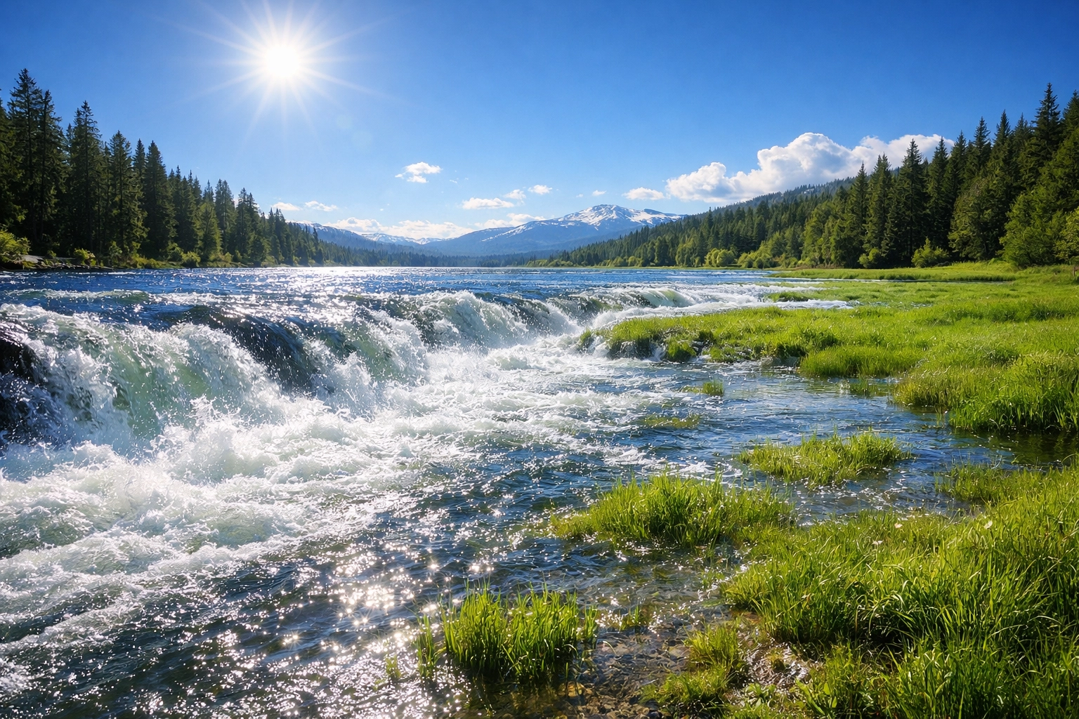 A powerful river overflowing into a green meadow, symbolizing the abundance of the Holy Spirit.
