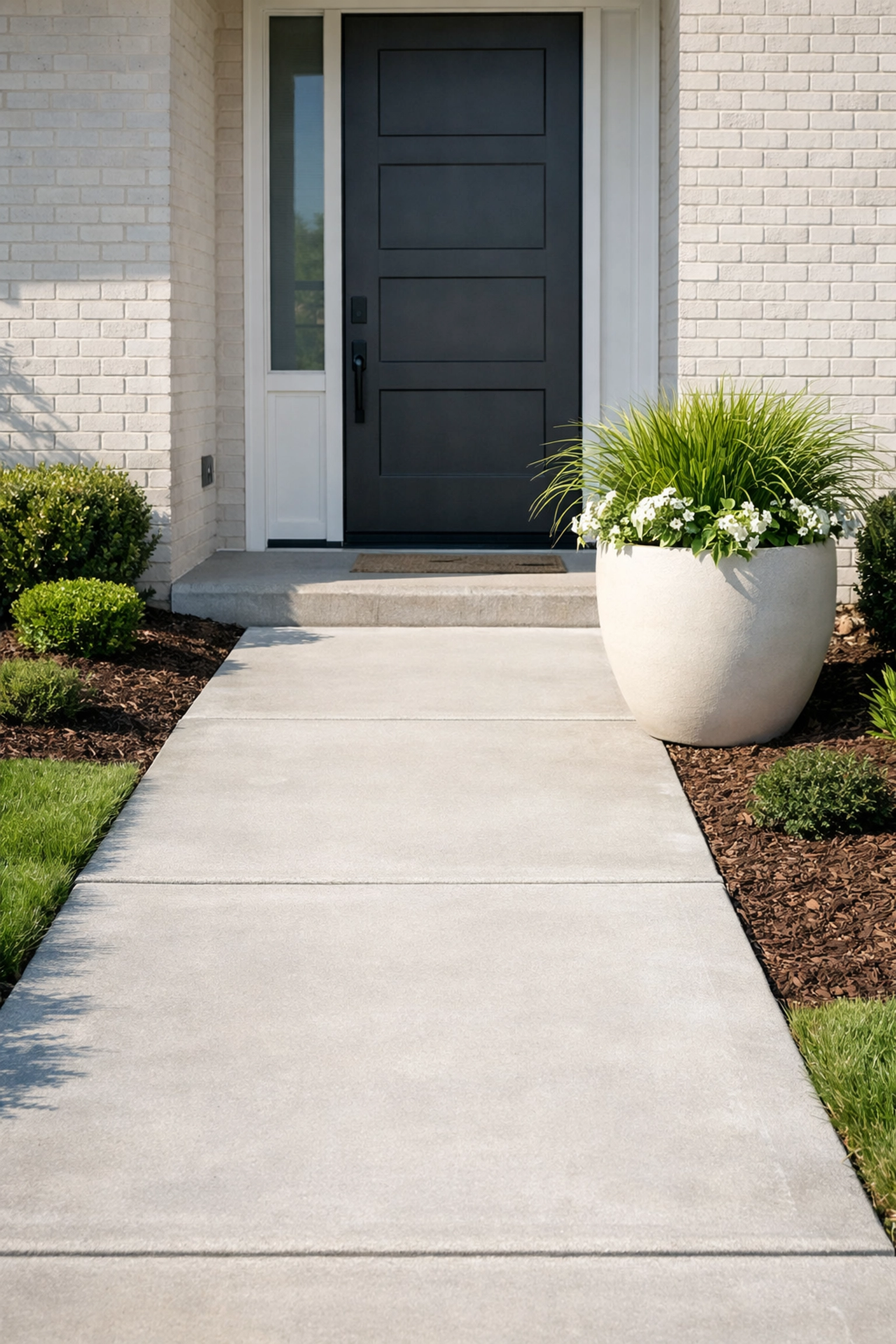 Modern Raleigh home entrance with a clean walkway and professional landscaping for better curb appeal. Modern Raleigh home entrance with a clean walkway and professional landscaping for better curb appeal.