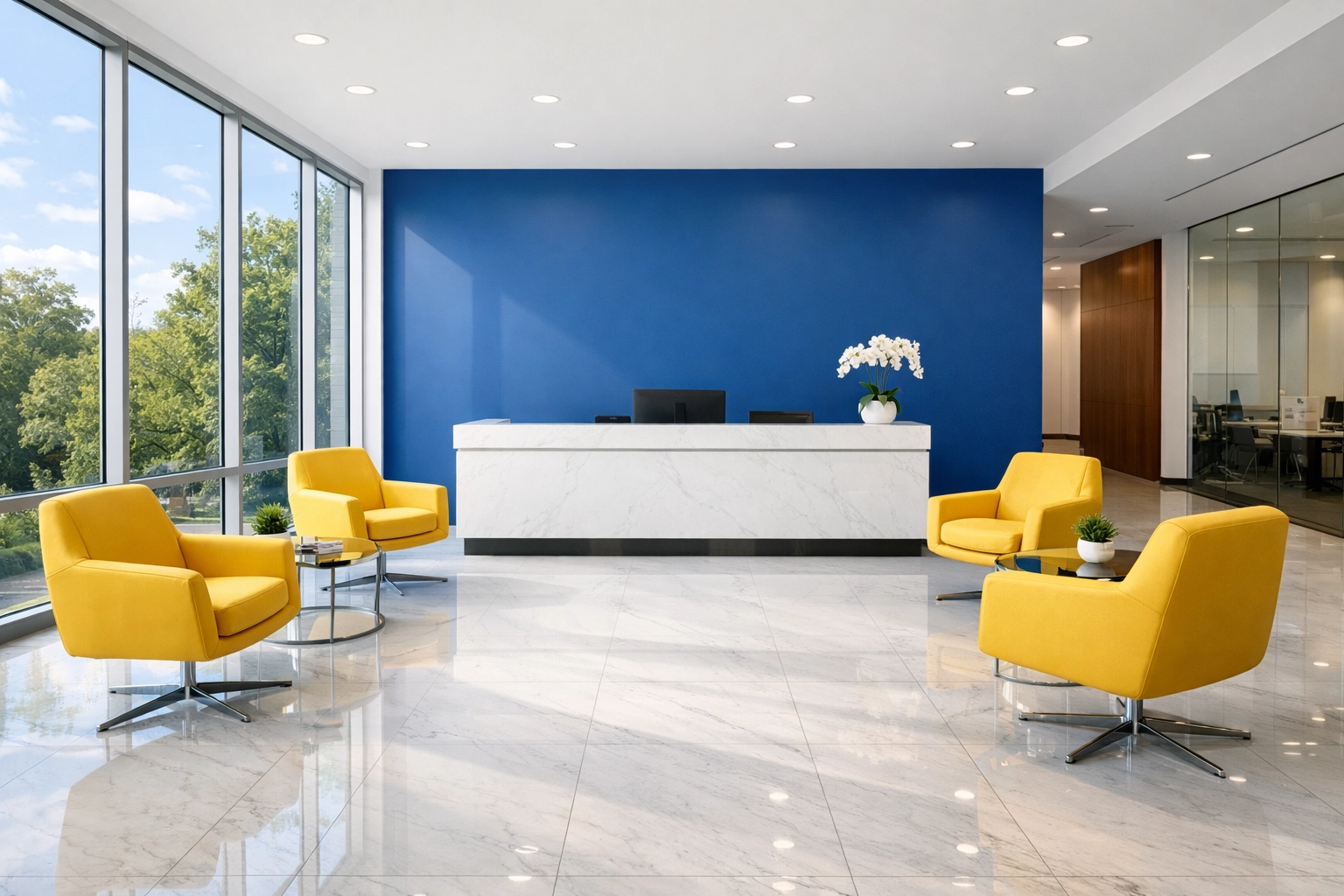 Pristine luxury office lobby in Northbridge, MA with spotless floors and professional commercial cleaning.
