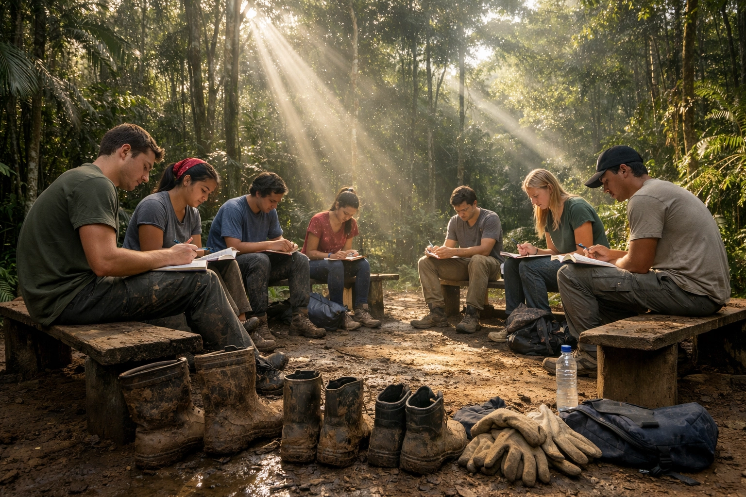 Students journaling and reflecting in the rainforest during service learning trips to Costa Rica.