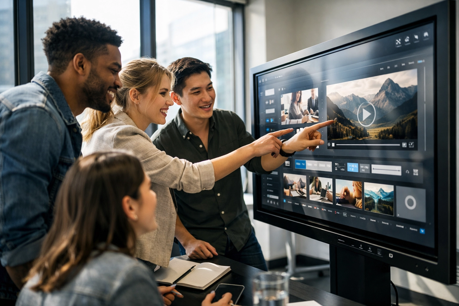 Young professionals collaborating on digital media content using interactive touchscreen display
