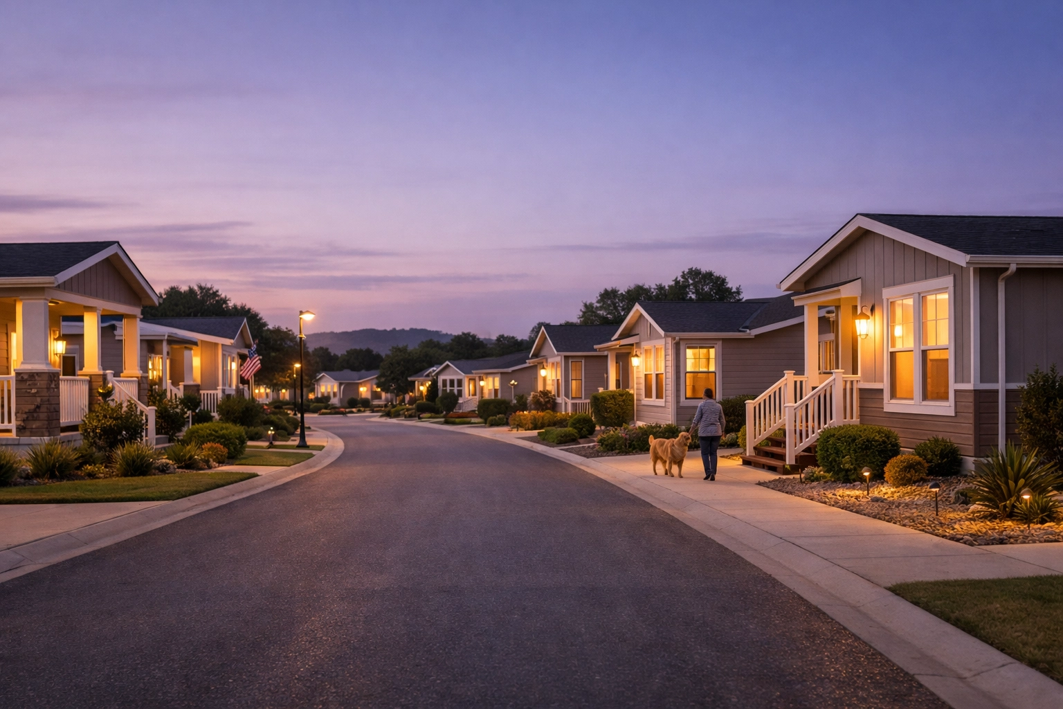 Peaceful neighborhood street in the Piney Woods manufactured home community in Crosby, Texas.