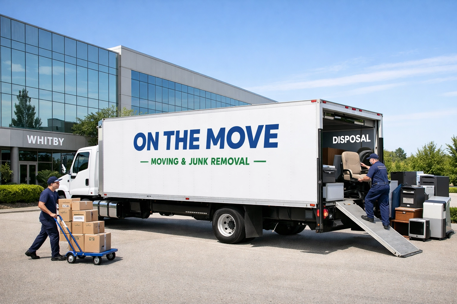 On The Move truck performing office relocation services and furniture disposal in Whitby.