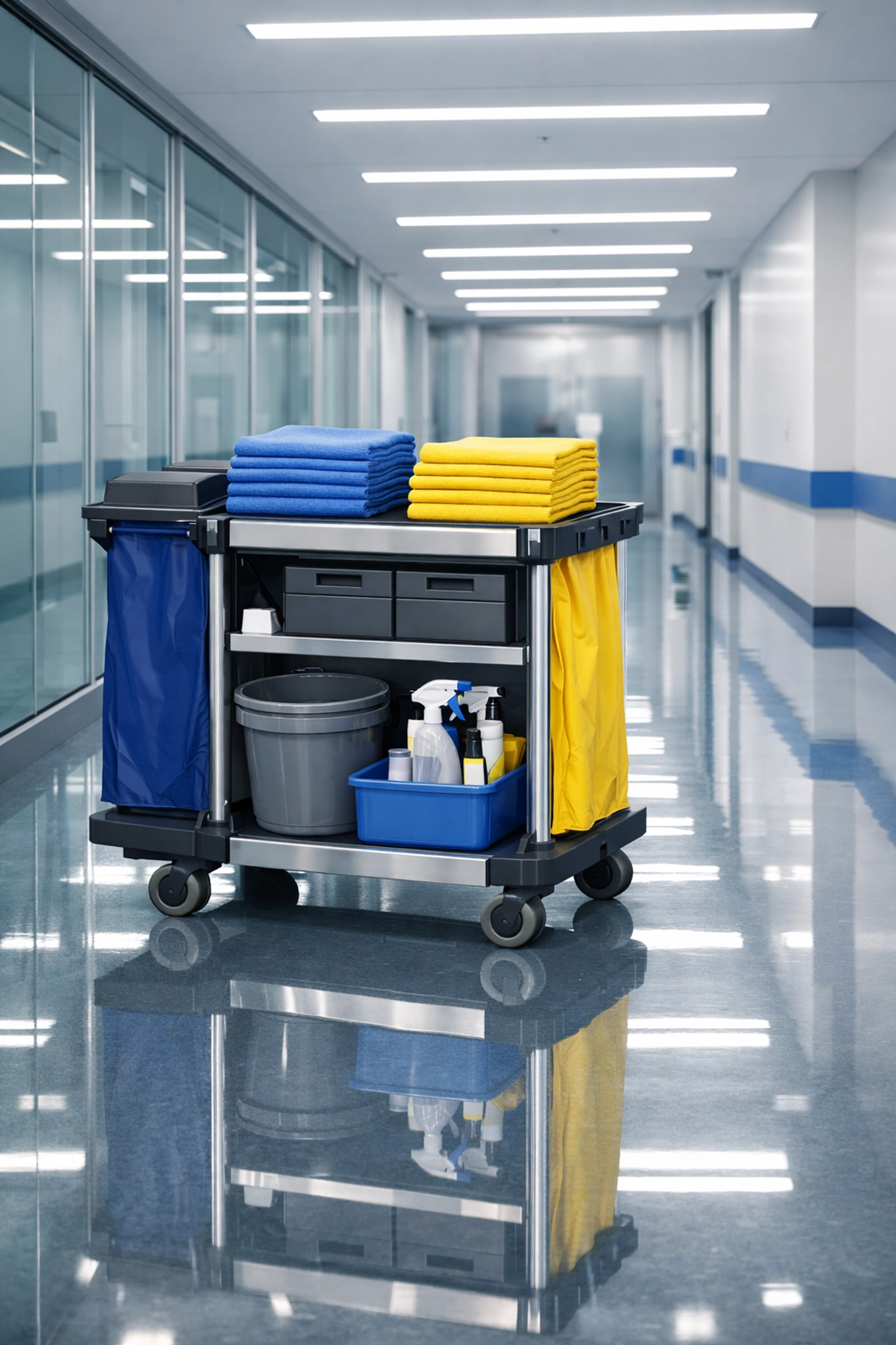 Organized healthcare cleaning station with color-coded tools for safe medical facility disinfection.