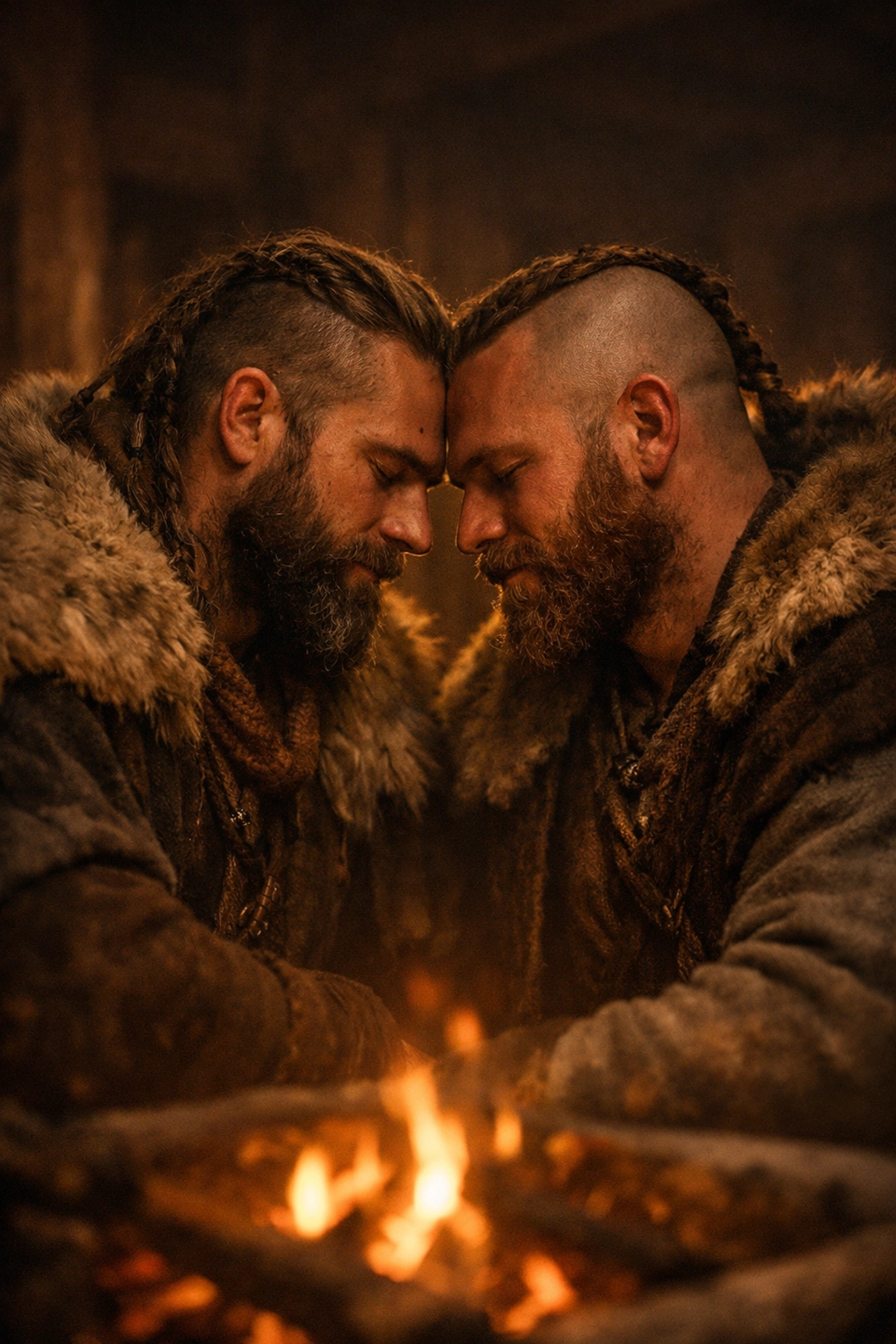 Two bearded Viking men in furs sharing an intimate moment, reflecting themes of gay historical romance in Norse history.