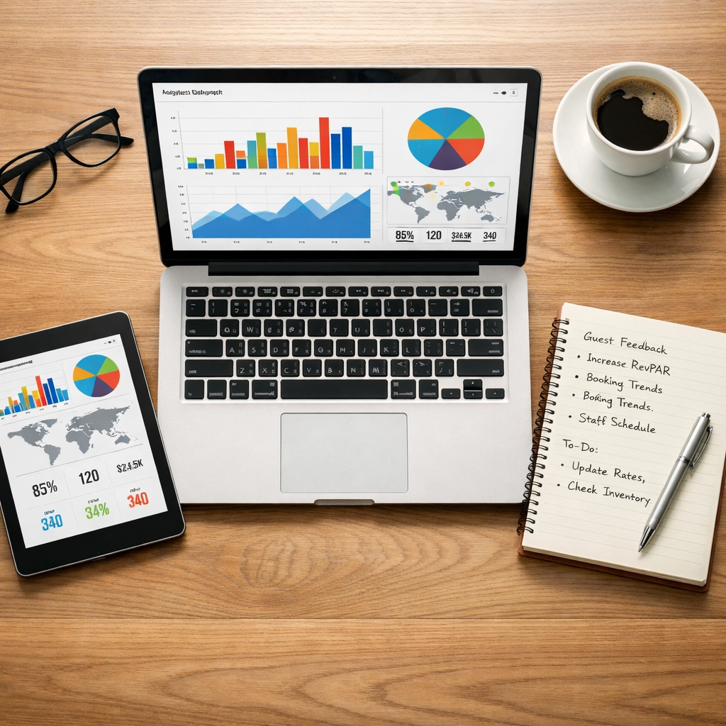 Hotel management analytics dashboard showing guest data and operational insights on laptop
