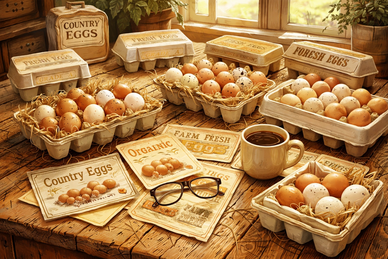 Egg cartons and labels on a rustic table, illustrating how to choose farm fresh eggs by their packaging