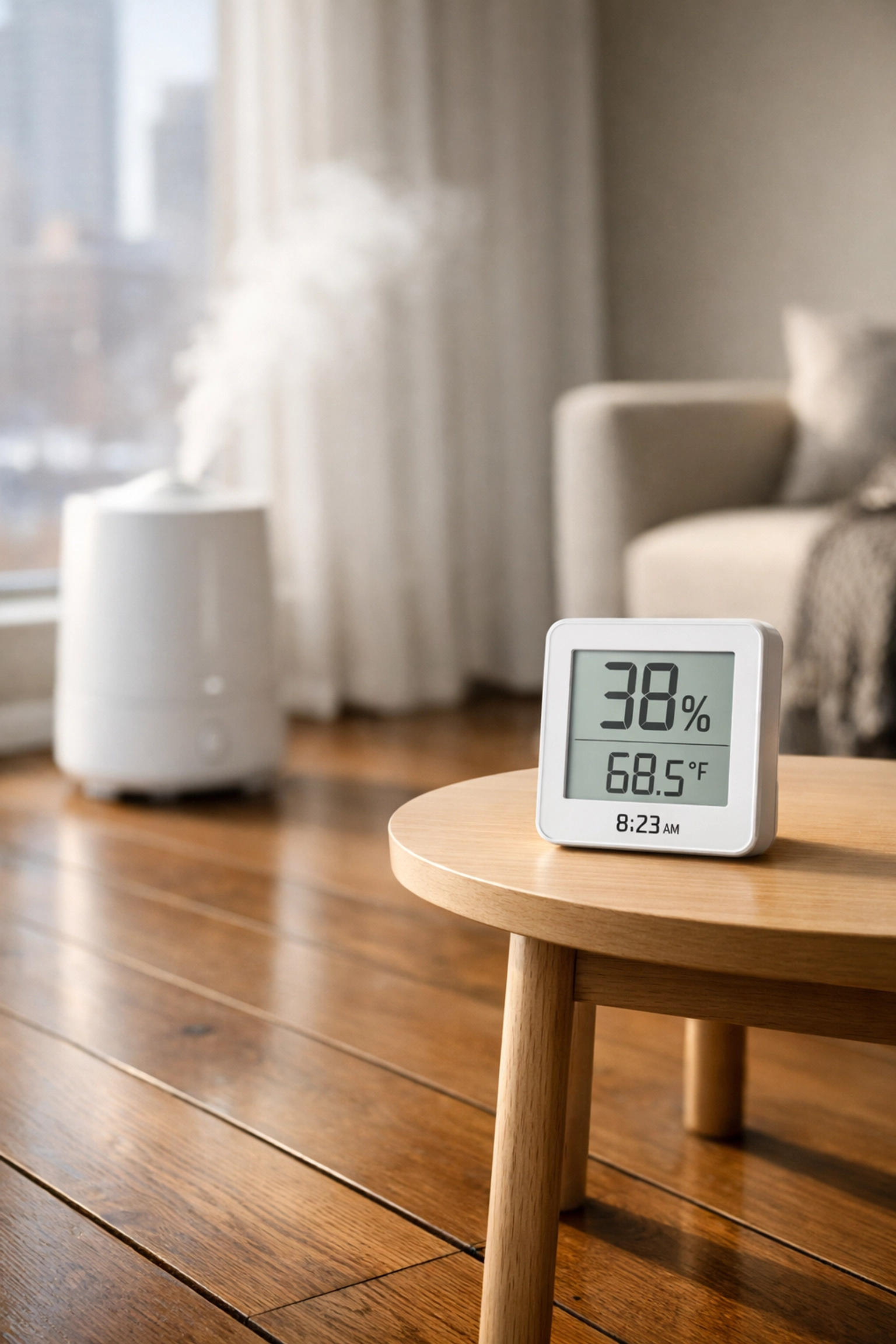 Humidifier and hygrometer for humidity control in Chicago home with hardwood floors