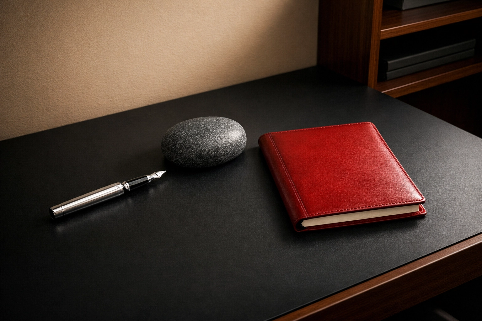 Modern office desk with a red journal highlighting real estate agent entrepreneurship and building a real estate team.