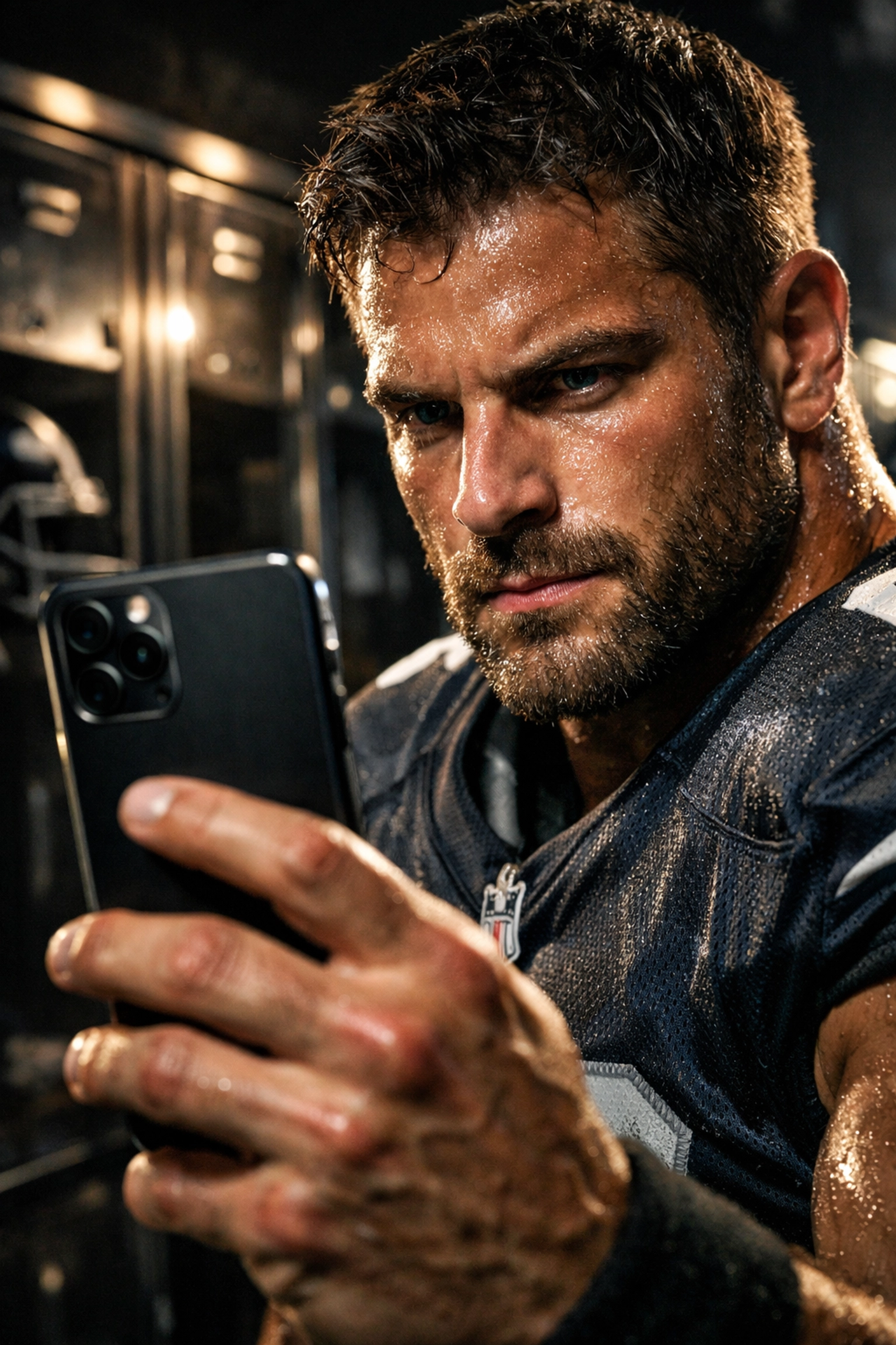 Pro athlete filming behind-the-scenes NIL content on a smartphone in a stadium locker room for social media.