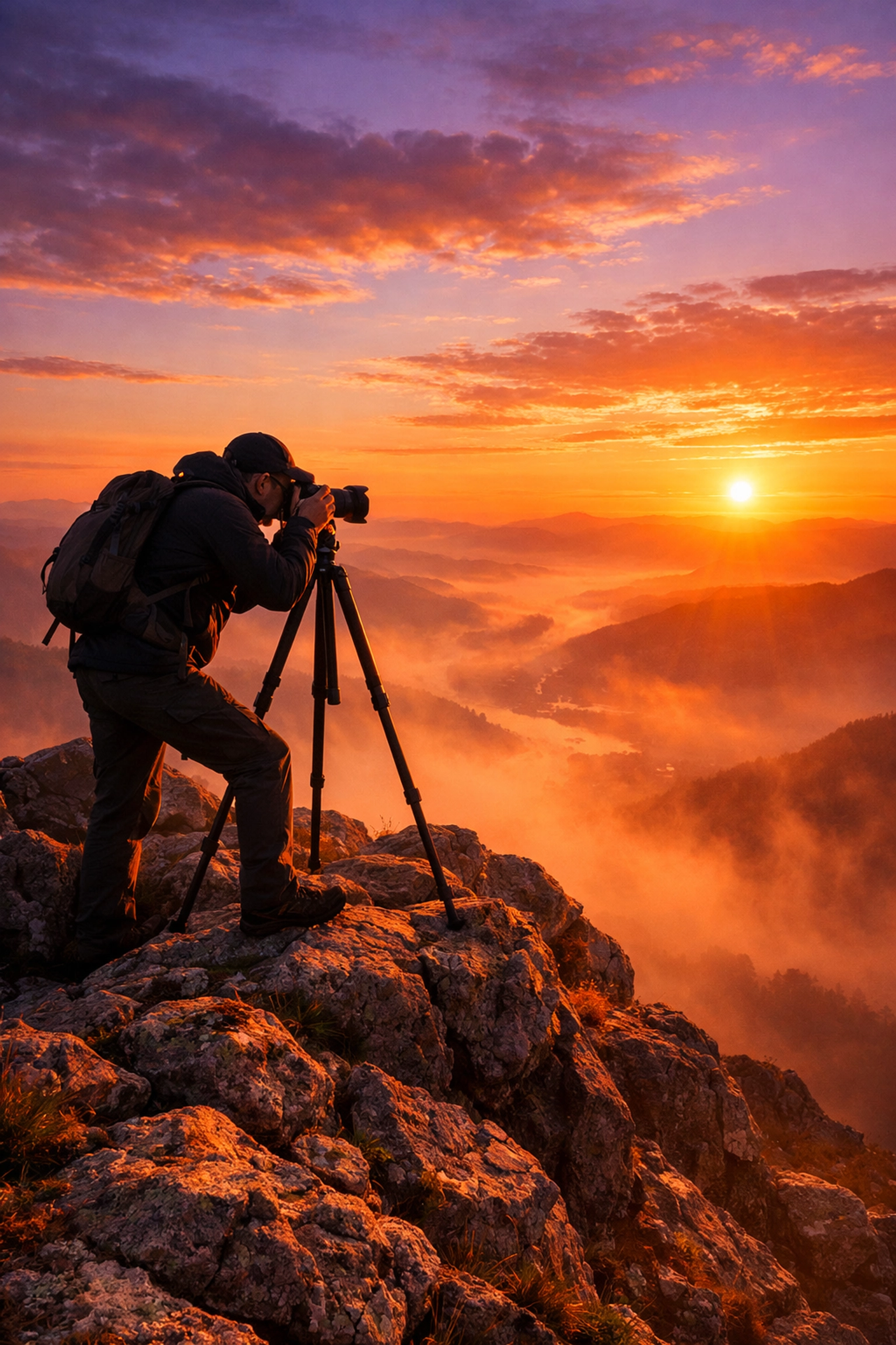Professional photographer capturing a sunset landscape using a tripod during photography tutorials.