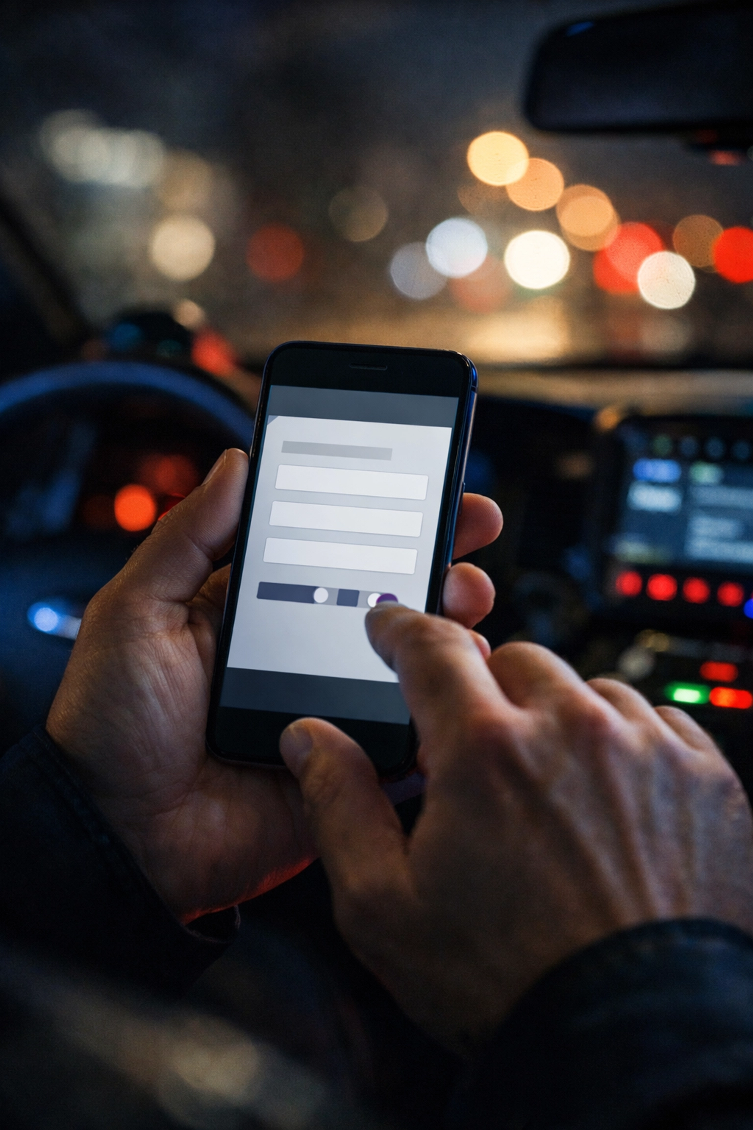 A smartphone inside a patrol vehicle displaying a mobile-friendly law enforcement recruitment process.