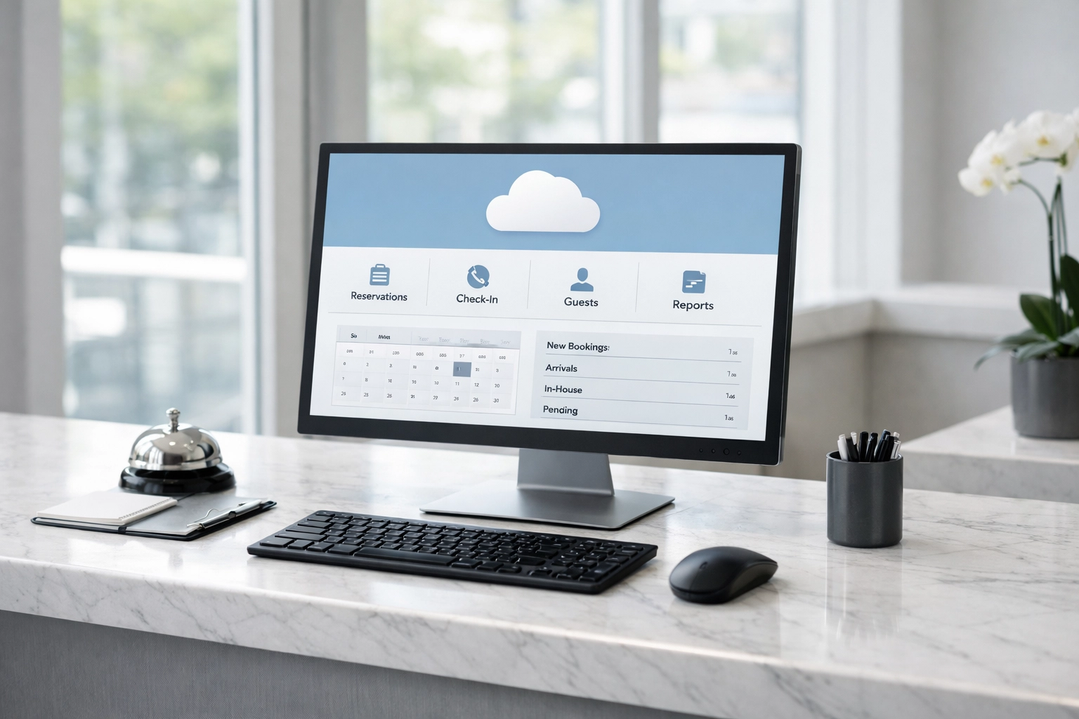 Modern hotel front desk with cloud-based PMS on computer screen