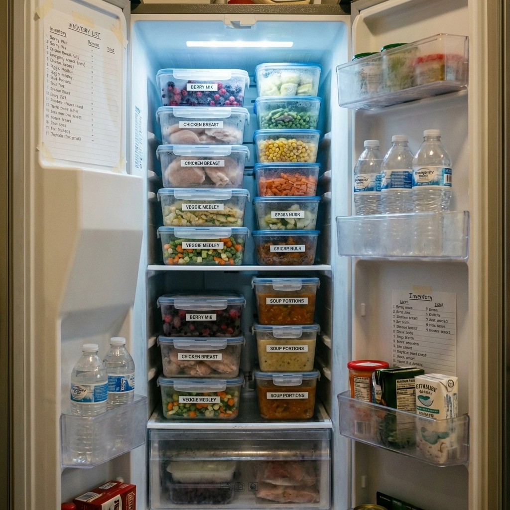 Picture of an opened and well-stocked and organized refrigerator. 