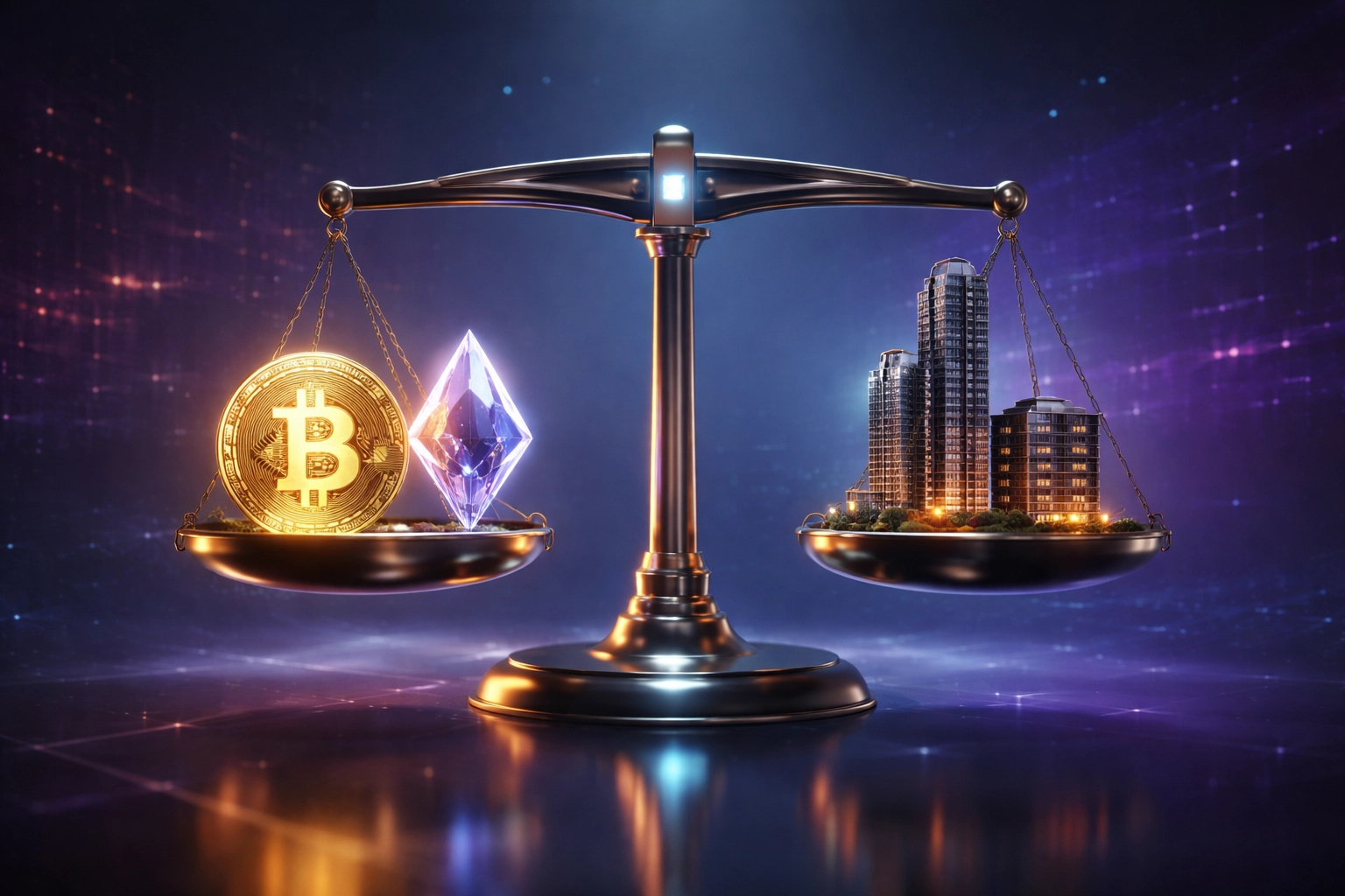 A scale balancing Bitcoin, Ethereum, and real estate buildings to illustrate portfolio diversification with crypto and property assets.