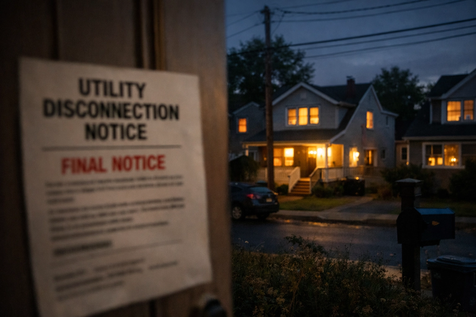 Utility disconnection notice on New York home door at dusk during energy crisis