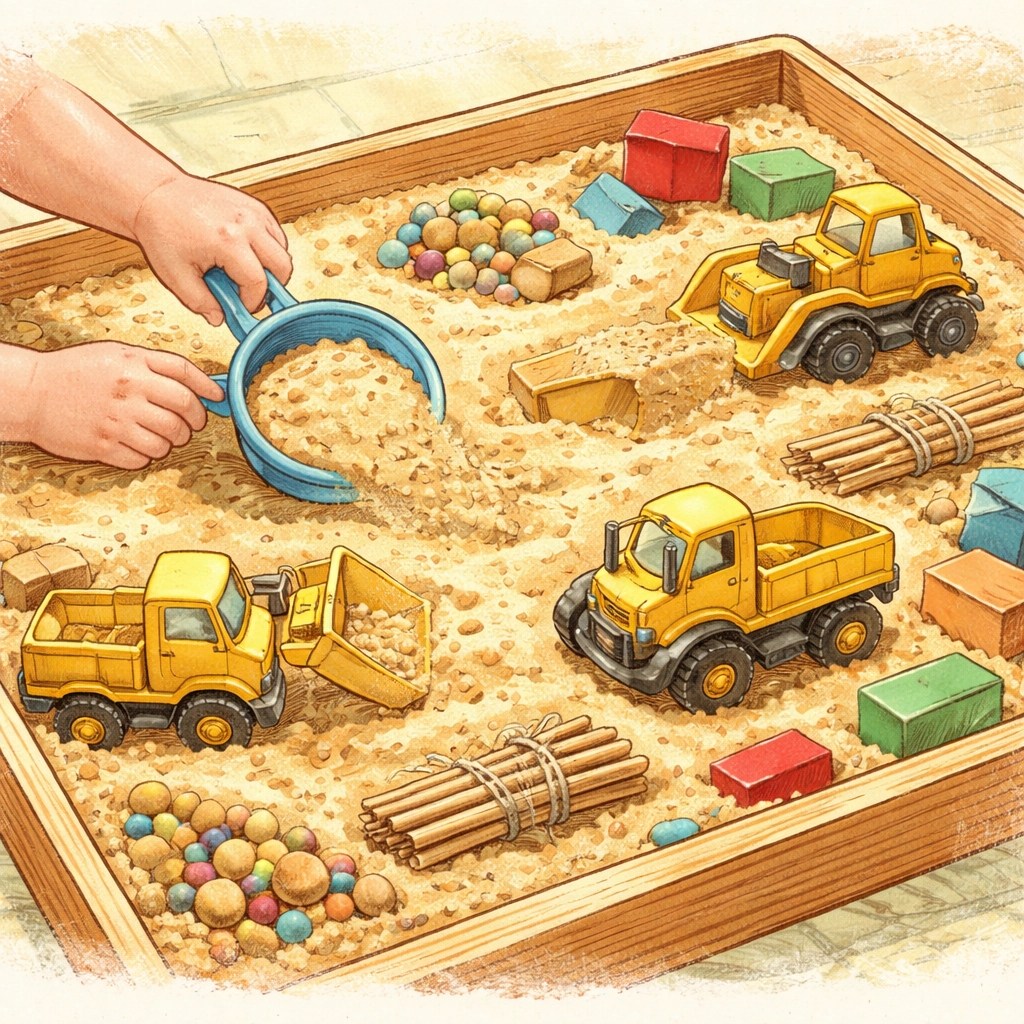 Overhead view of a completed mini construction site bin with toy trucks, blocks, and a child's hands playing
