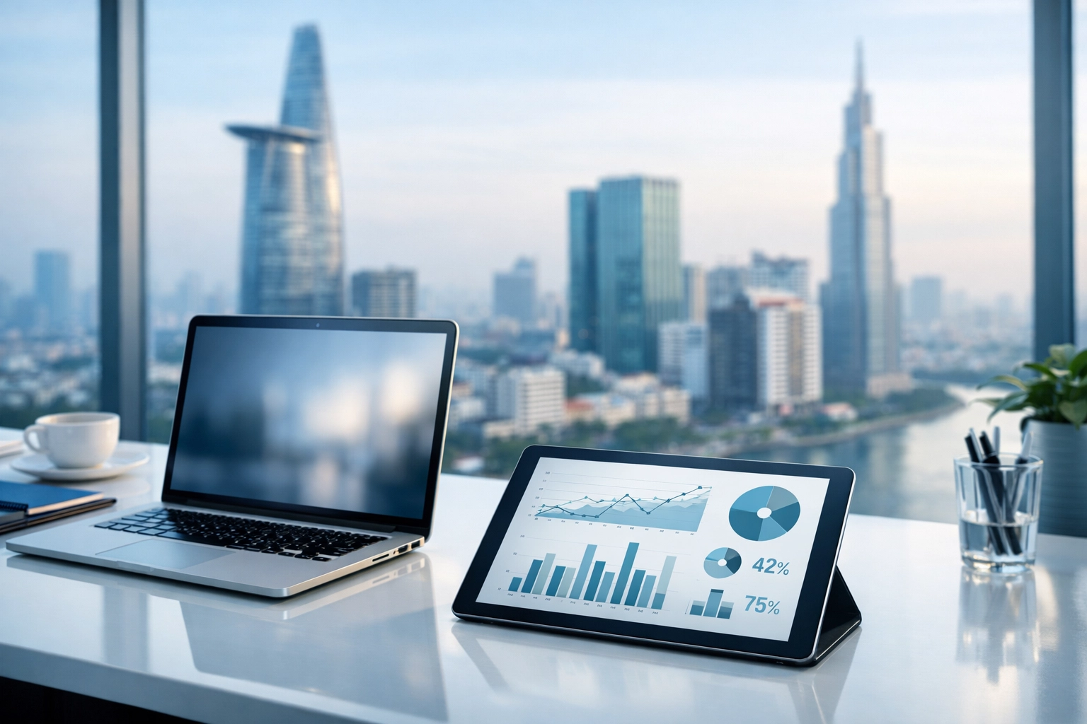 Modern workspace in Ho Chi Minh City showcasing digital tools for labor law Vietnam compliance.