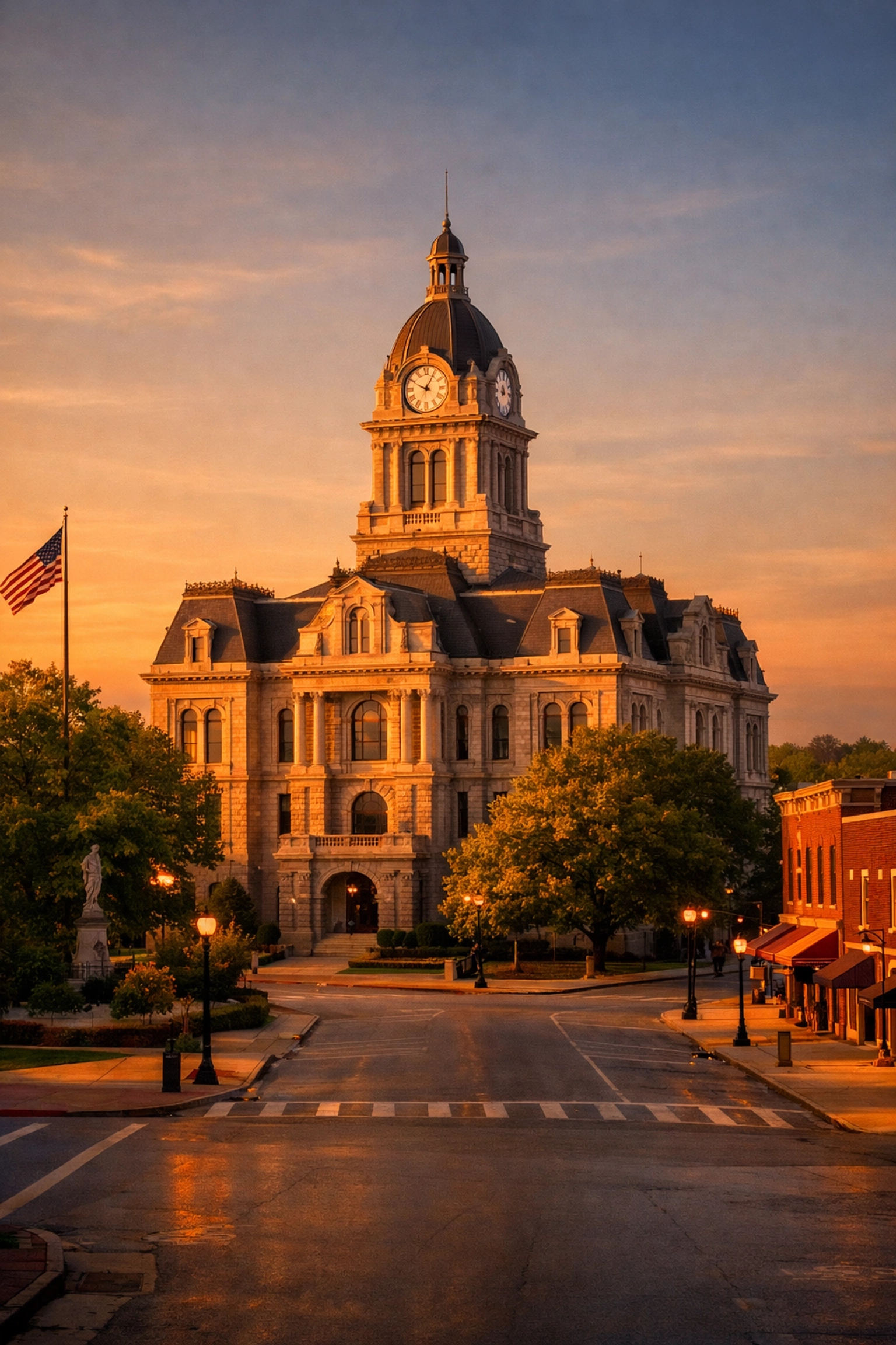 An Indiana county courthouse at sunset, representing the local expertise of an estate planning lawyer in Indiana.